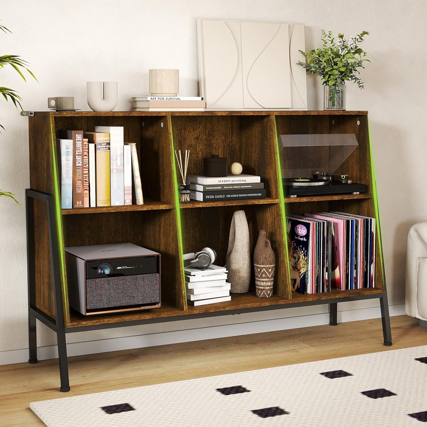 YOSHOOT Bücherregal, Offenes Bücherregal Aus Holz Mit Metallbeinen, Würfelförmiges Lagerregal Mit 2 Ebenen, Vitrine Mit 6 Offenen Fächern Für Wohnzimmer, Büro, 117X36.5X78.5 Cm (Rustikales Braun)