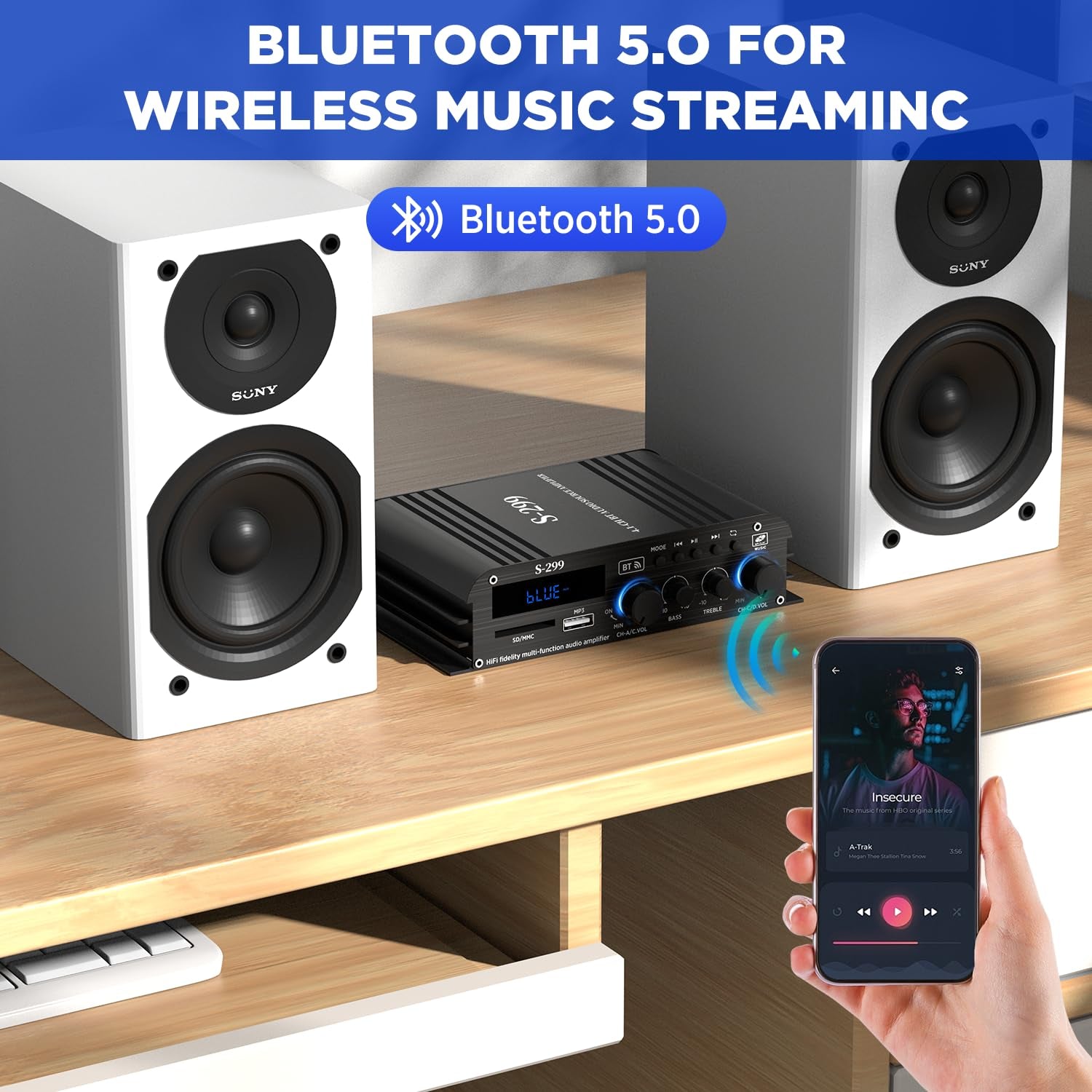 4.1-Kanal Verstärker, 1600W Mini Hifi Verstärker, Bluetooth 5.0 Für Heimlautsprecher 40W X 4 + Active Subwoofer Von 110-240V Bis 12V Mit USB TF Steckplatz MP3 Player Mit Fernbedienung