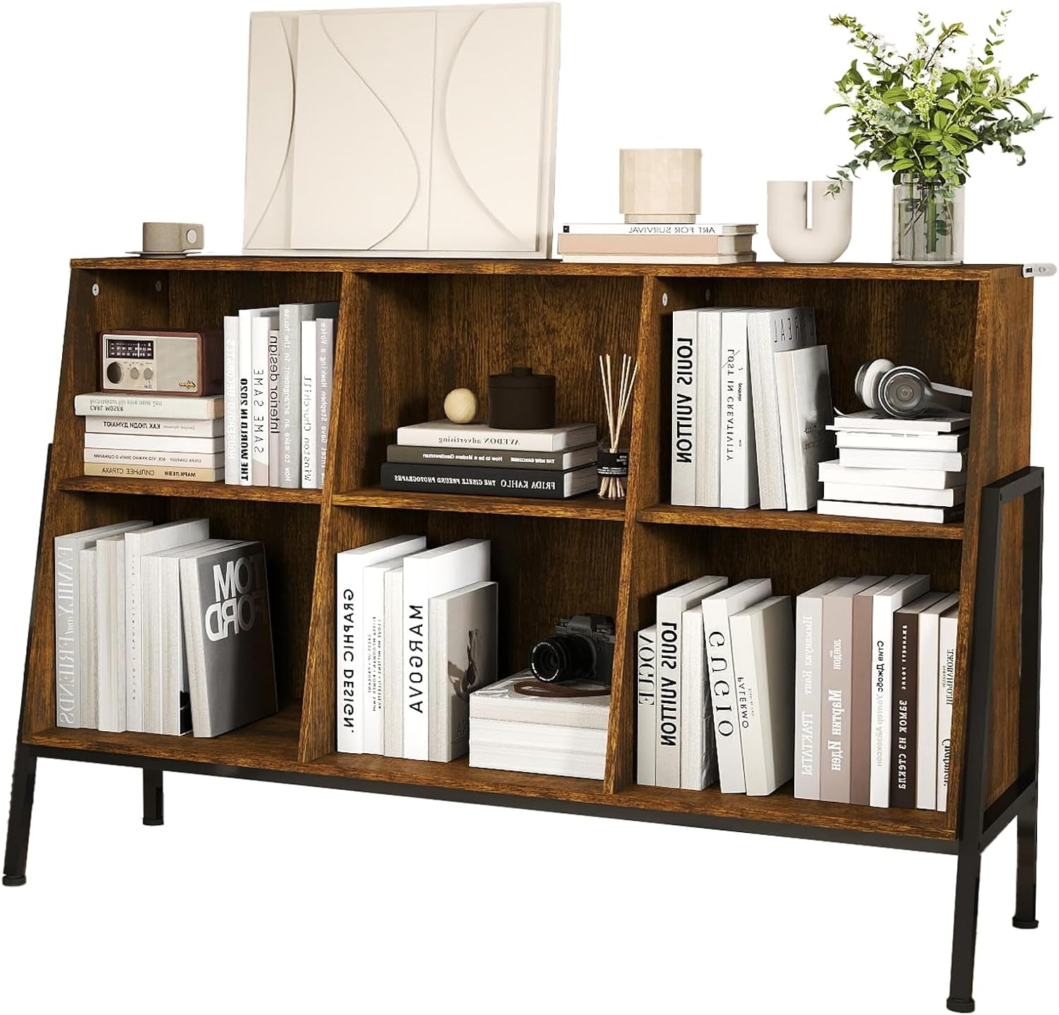YOSHOOT Bücherregal, Offenes Bücherregal Aus Holz Mit Metallbeinen, Würfelförmiges Lagerregal Mit 2 Ebenen, Vitrine Mit 6 Offenen Fächern Für Wohnzimmer, Büro, 117X36.5X78.5 Cm (Rustikales Braun)