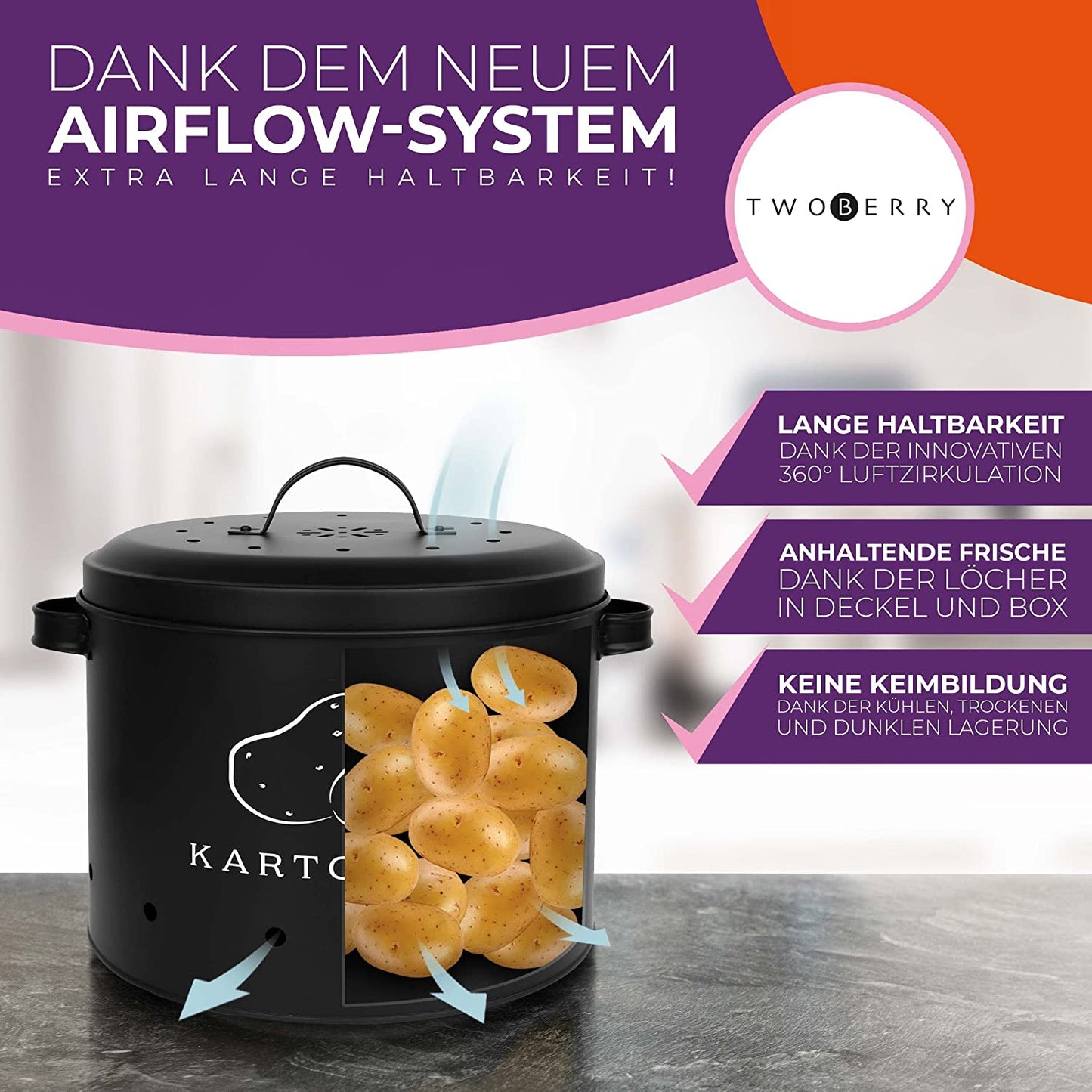 Kartoffel Aufbewahrungsbox [3Er Set] Inkl. Sparschäler- Längere Haltbarkeit Durch 360° Luftzirkulation - Zwiebel Aufbewahrung, Kartoffel Aufbewahrung & Knoblauch Aufbewahrun Küche