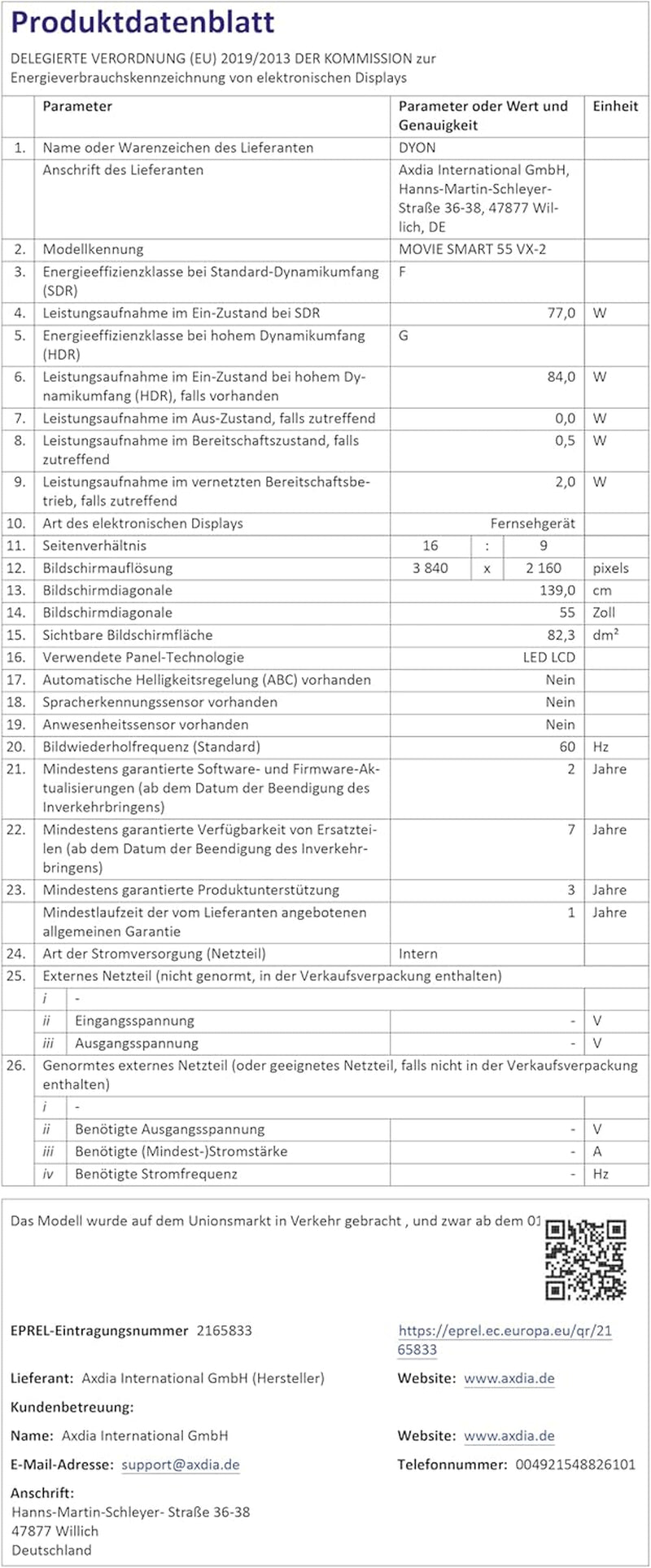 DYON Movie Smart 55 VX-2-55 Zoll (139 Cm) 4K UHD Smart TV Mit Triple Tuner (DVB-C/-S2/-T2), App Store, Prime Video, Netflix, Youtube, DAZN, Disney+, Waipu.Tv, Hotelmodus