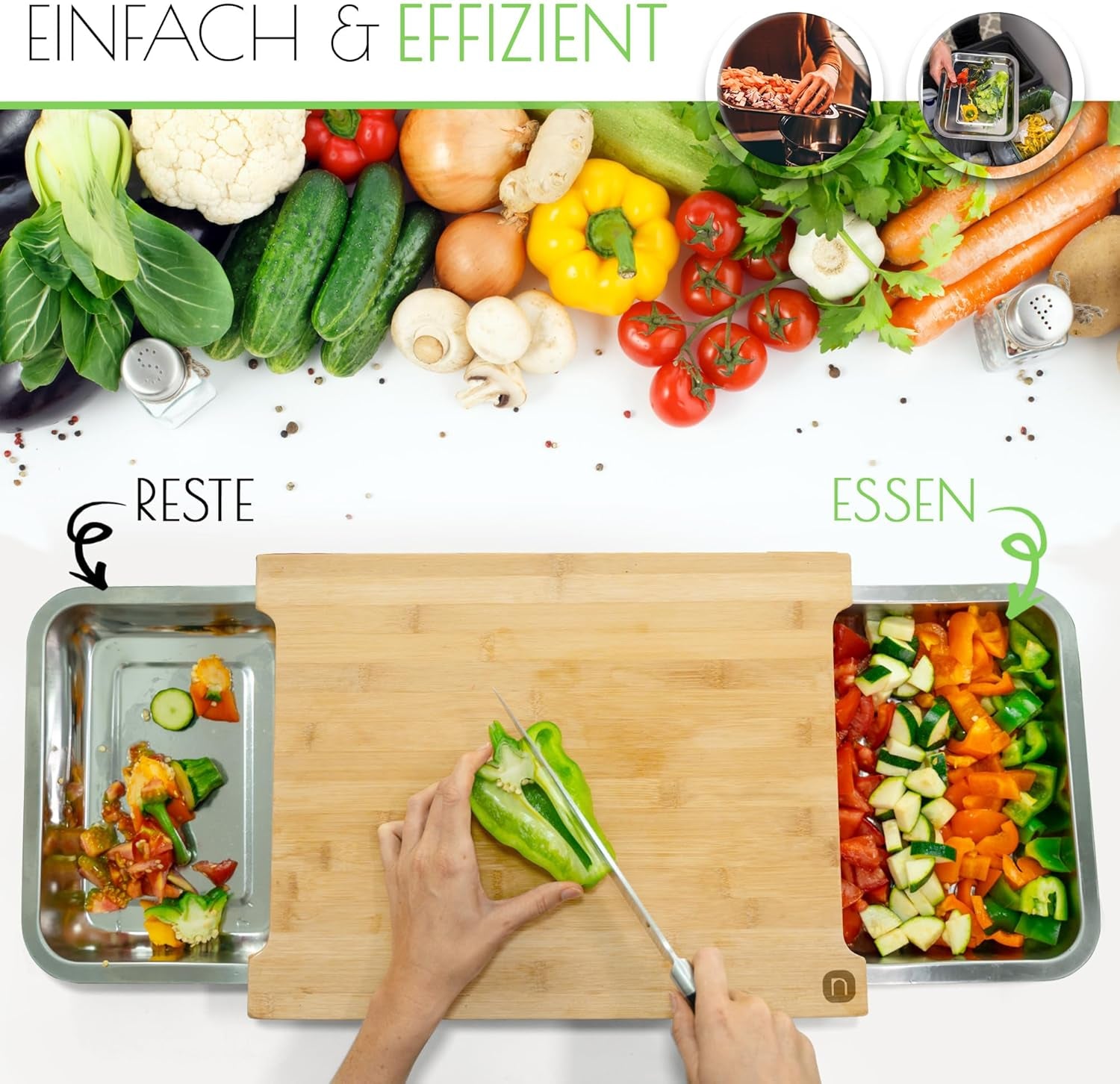 Schneidebrett XL Mit Magnetischen Auffangschalen - Hochwertiger Fsc®-Zertifizierter Bambus - Schneidebrett Mit Auffangschale - Schneidebrett Holz - Holzbrett Küche - Praktische Küchenhilfe