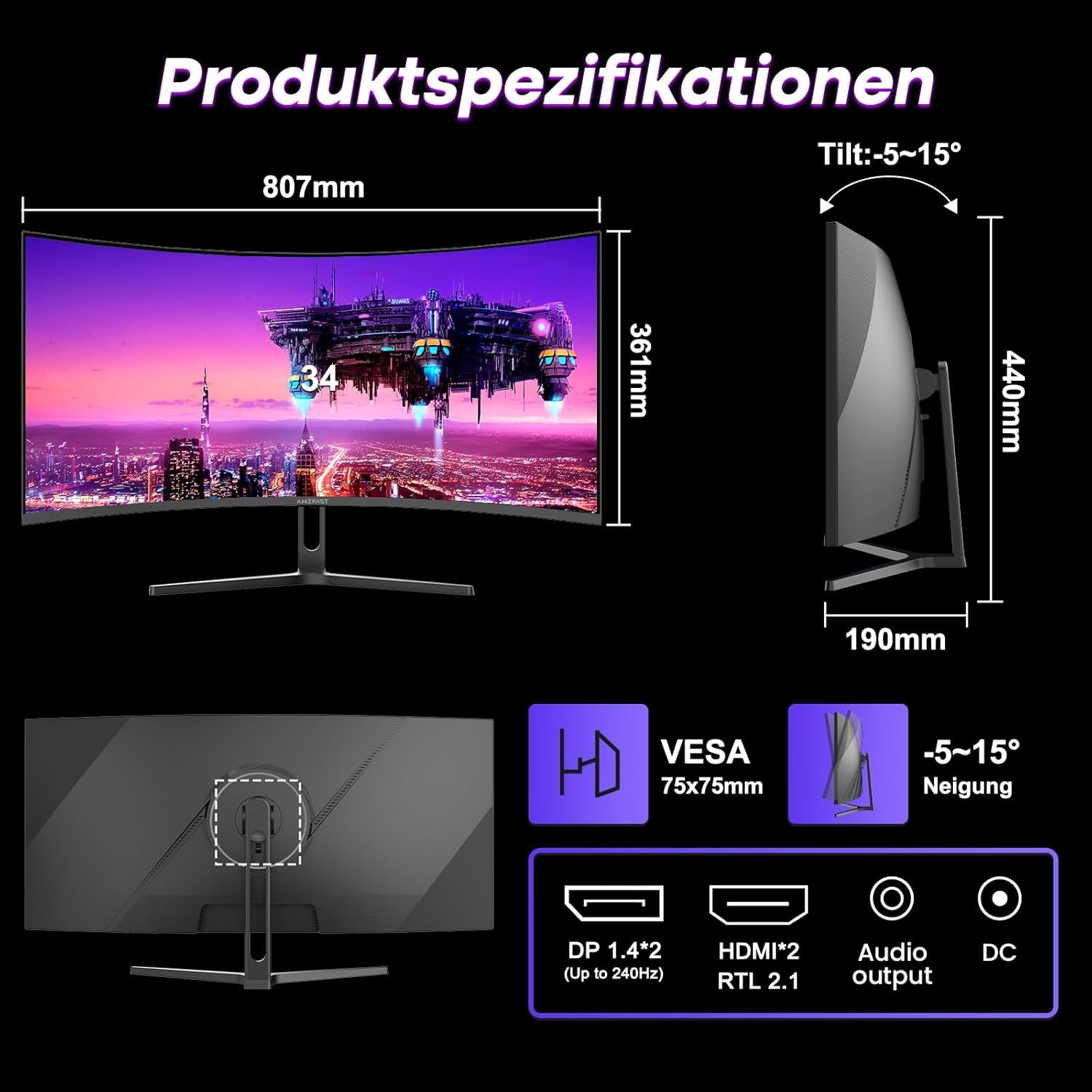 Amzfast 34 Zoll Curved Gaming Monitor, 3440X1440 UWQHD, 240Hz, 21:9 VA Panel, 1500R, 1Ms MPRT, Adaptive Sync, HDR, DCI-P3 98%, Srgb 130%, Pip/Pbp, HDMI2.1 & DP1.4, VESA 75X75Mm, AMZG34C5Q Pro