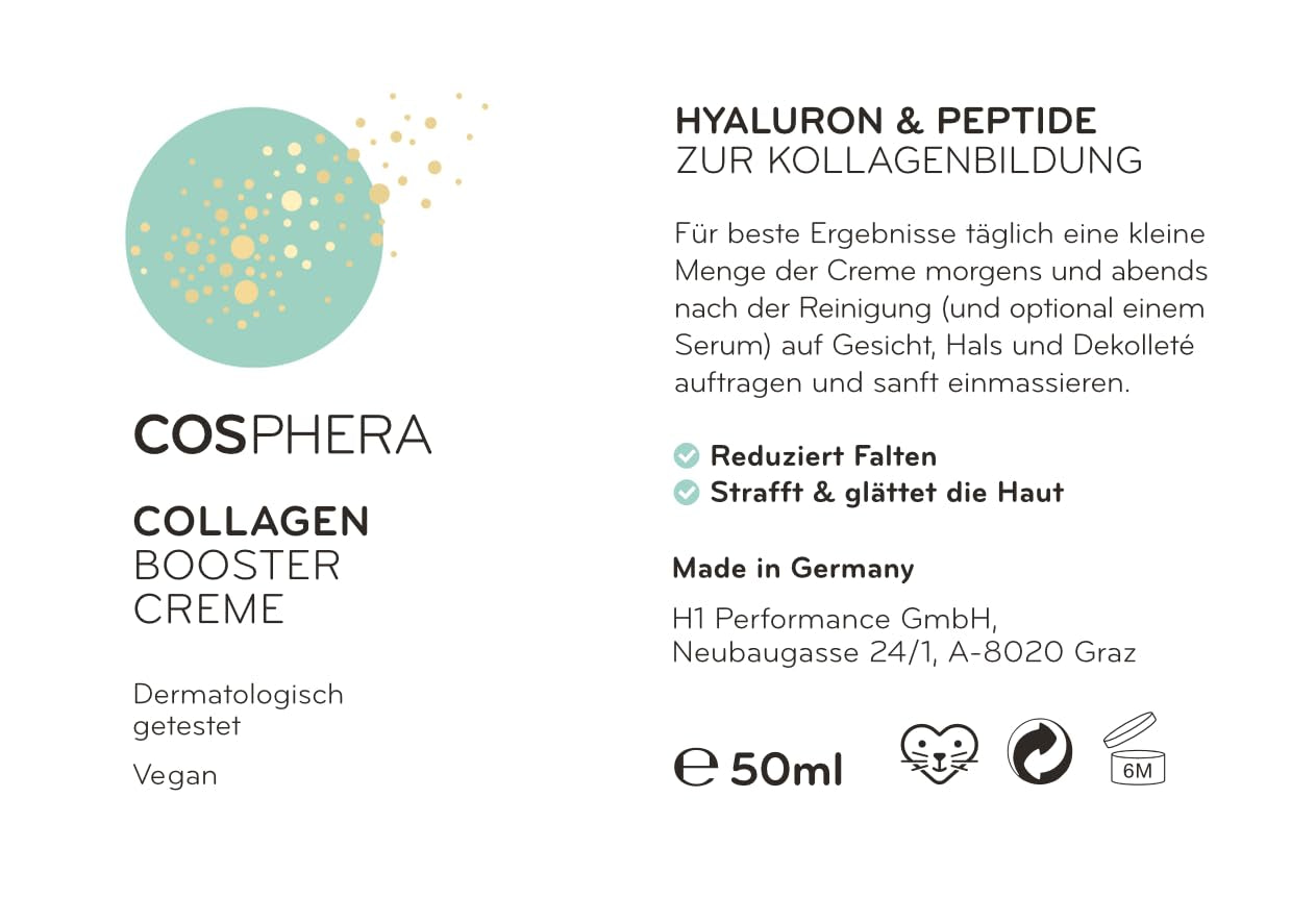 Cosphera Collagen Booster Creme 50 Ml Vegan - Mit Hyaluronsäure, Peptiden & Vitamin B3 - Gesichtscreme Gegen Falten - anti Faltencreme Gegen Tränensäcke, Augenringe Und Stirnfalten