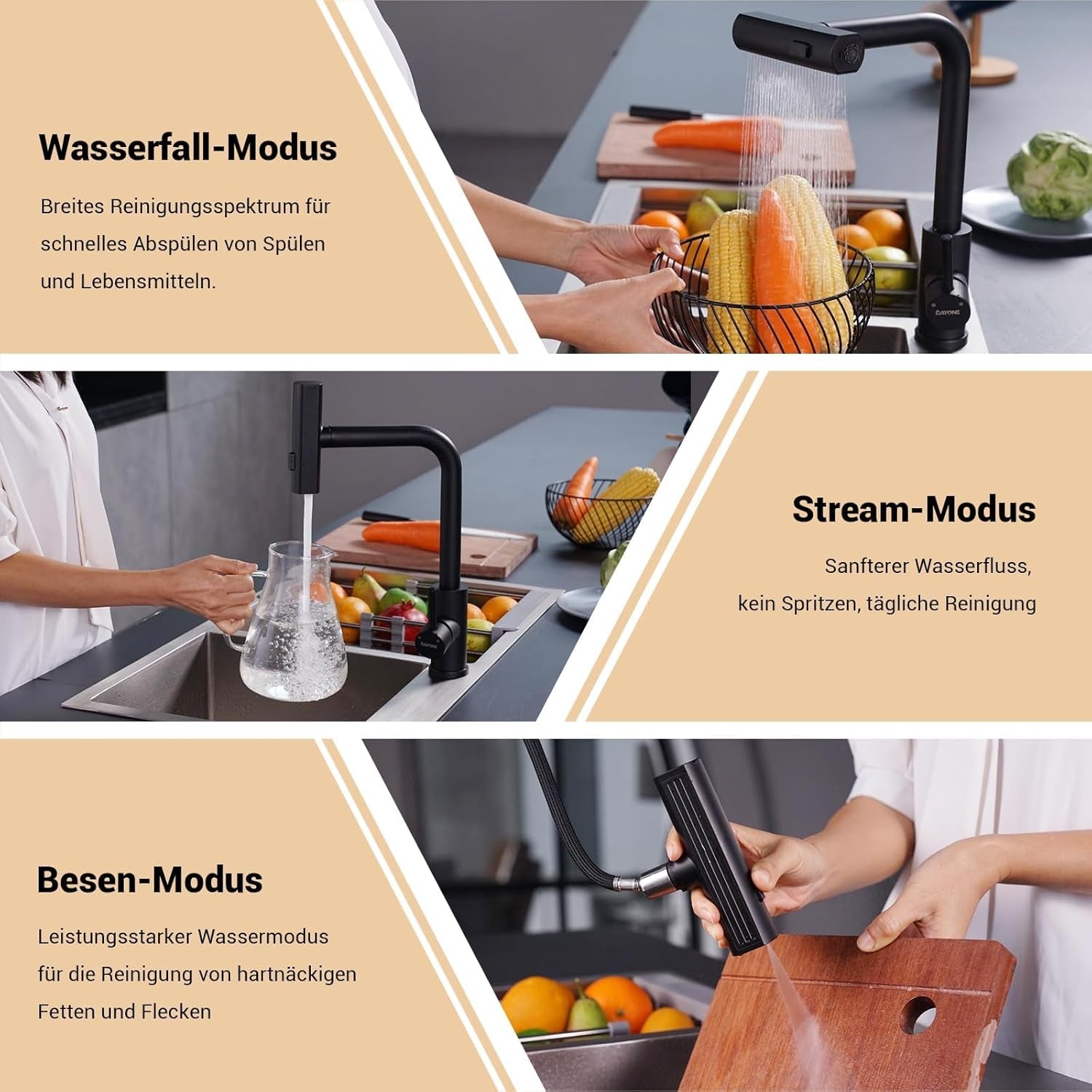 DAYONE Wasserfall Wasserhahn Küche Ausziehbar, Mattschwarz Hochdruck Spültischarmatur Küche Mit Brause, 360° Drehbar Mischbatterie Küche Mit 3 Strahlarten, SUS304 Edelstahl Küchenarmatur