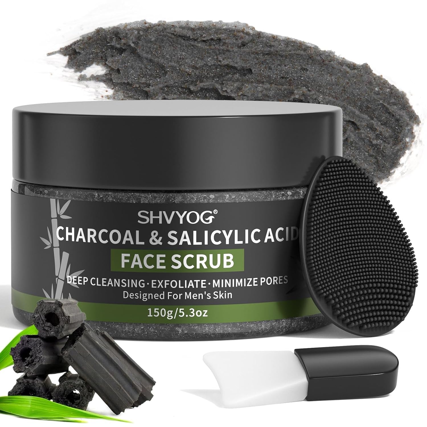 Charcoal Salicylic Acid Face Scrub for Men, Gesichtspeeling Für Männer, Reduziert Mitesser, Akne, Verstopfte Poren, Ölkontrolle, Rasurvorbereitung Für Männer, Mit Gesichtsreinigungsbürste