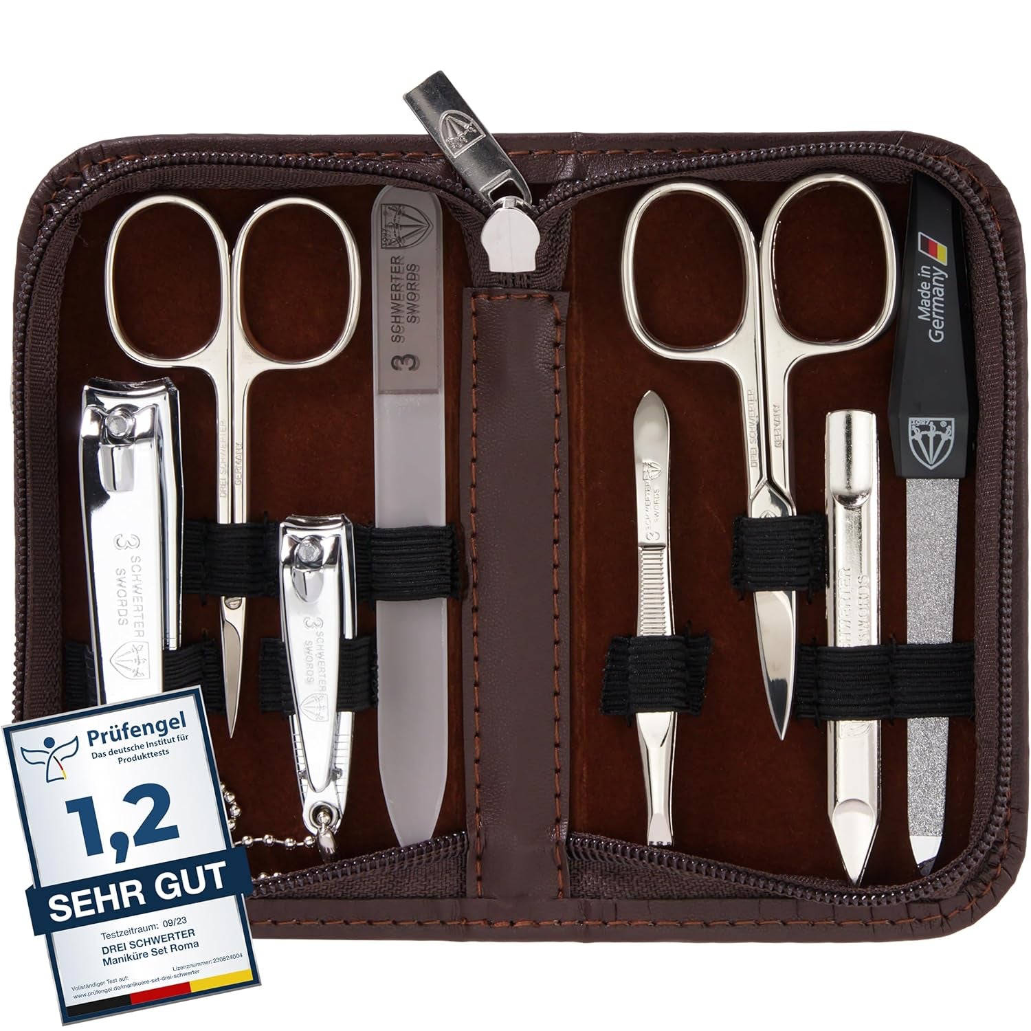 DREI SCHWERTER - Maniküreset 'Roma' - Nageletui Mit 8 Instrumenten: Nagelschere, Hautschere, Fuß/Finger-Nagelknipser, Nagelreiniger, Pinzette, Glasnagelfeile, Saphirnagelfeile - Braun