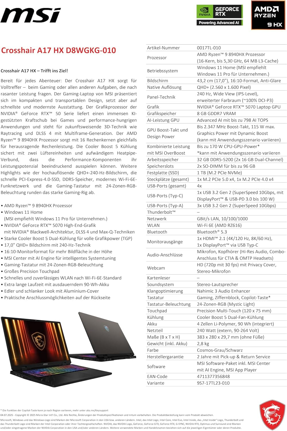 MSI Crosshair A17 HX, Gaming-Laptop, 17" QHD+ 240 Hz Display, AMD Ryzen™ 9 8940HX, NVIDIA Geforce RTX 5070, 32 GB RAM, 1 TB SSD, Windows 11 Home, QWERTZ Tastatur, Cosmos Grau, D8WGKG-010