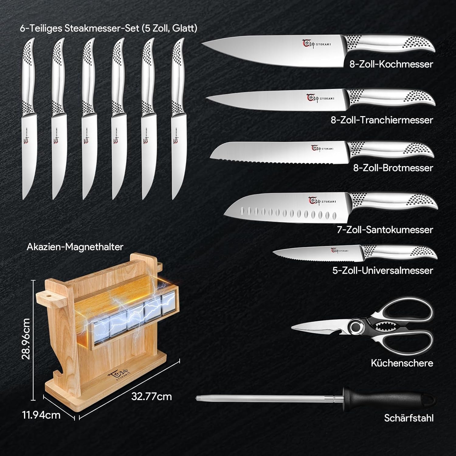 Japanisches Küchenmesser Set, Magnetisches Messer Set Mit Block Und Schärfer, Edelstahl-Messerset Als Geschenk Für Paare, Hochzeiten, Frauen Oder Mütter, Inklusive Geschenkbox, 14-Teilig, Black Dot