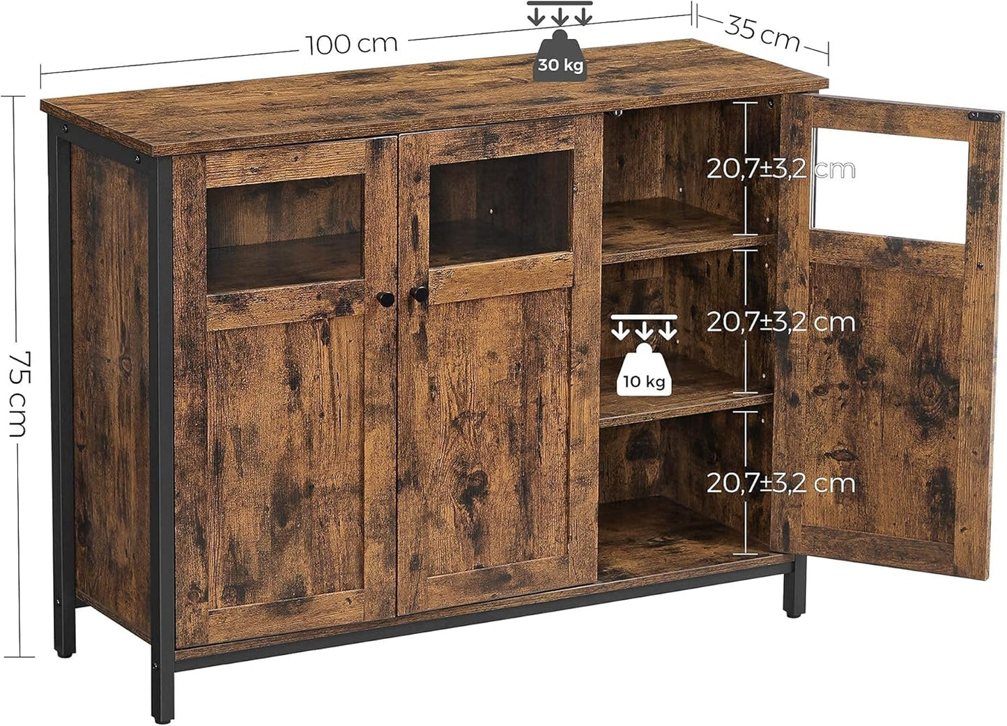 VASAGLE Sideboard, Küchenschrank, Aufbewahrungsschrank, Mit Glastüren, Für Wohnzimmer, Küche, Esszimmer, Stahlrahmen, Industriestil, Vintagebraun-Tintenschwarz LSC099B01