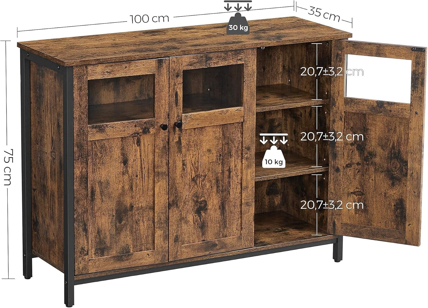 VASAGLE Sideboard, Küchenschrank, Aufbewahrungsschrank, Mit Glastüren, Für Wohnzimmer, Küche, Esszimmer, Stahlrahmen, Industriestil, Vintagebraun-Tintenschwarz LSC099B01