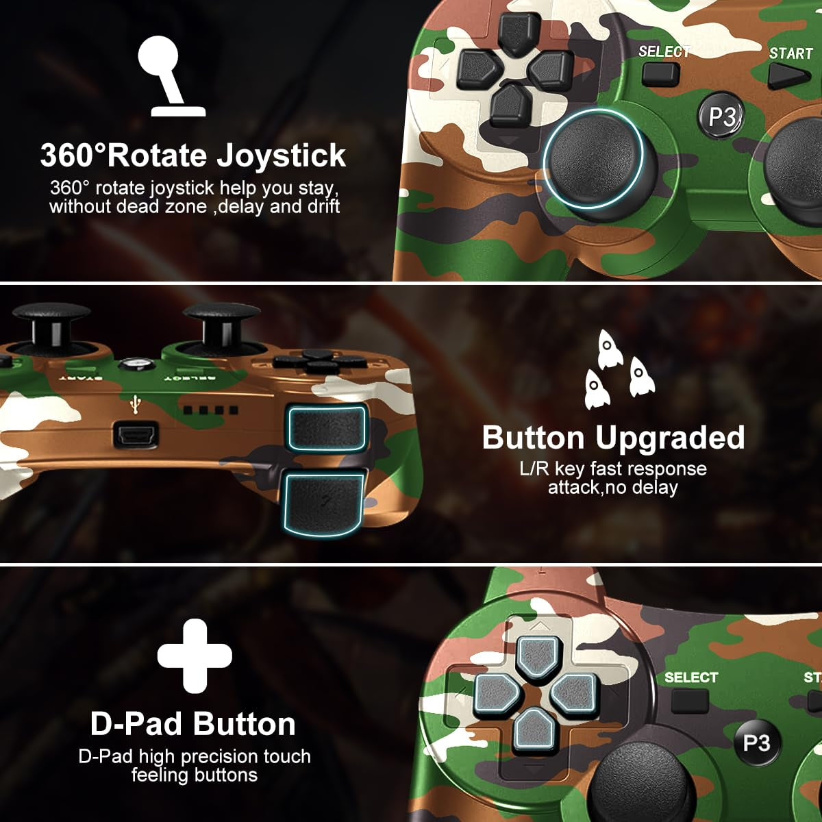 PS3 Controller Wireless 2 Pack,Verbesserte Fernbedienung Für Ps3,6-Achsen Gyro Sensor,Doppelter Vibration,Usb-Ladekabel (Camo Rot Und Camo Grün)