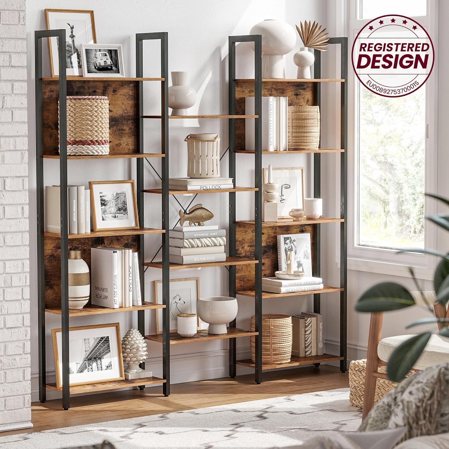 VASAGLE Bücherregal, Standregal Mit 14 Ablagen, Regal Mit Metallrahmen, Für Wohnzimmer, Arbeitszimmer, Büro, Industrie-Design, 24 X 158 X 166 Cm, Vintagebraun-Tintenschwarz LLS107B01