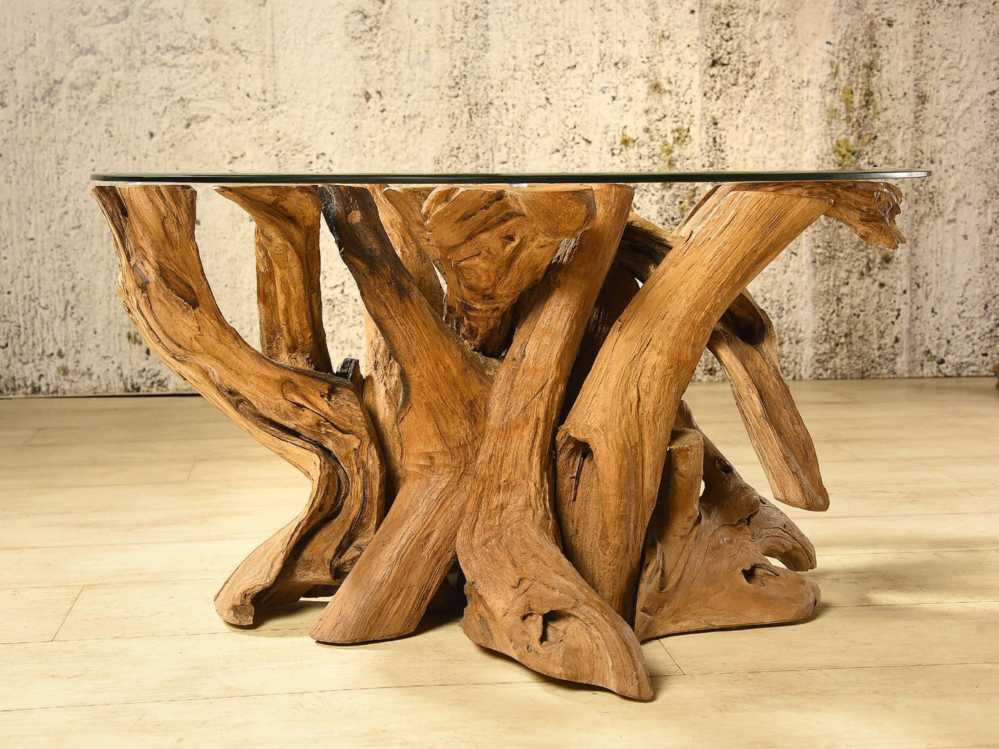 Koroba Couchtisch Sofatisch Wurzelholz Wohnzimmertisch Mit Glasplatte