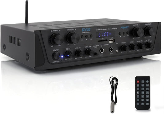 Pyle Bluetooth Stereo Verstärker 500 W – 4-Kanal Mini Receiver Mit USB, AUX, Fm-Radio, Subwoofer RCA & Mikrofoneingang Mit Echo Kabelloses Streaming, Für Heimkino, Studio & Pa-Anlage