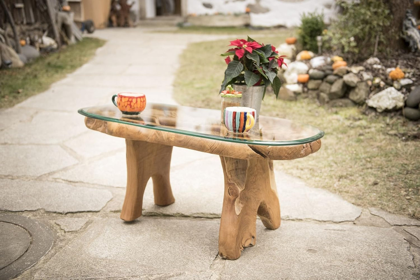 Windalf Handgearbeiteter Design Eulen Couchtisch Miana 106 Cm Großer Uhu Wohnzimmertisch Mit Glasplatte UNIKAT Wurzelholz