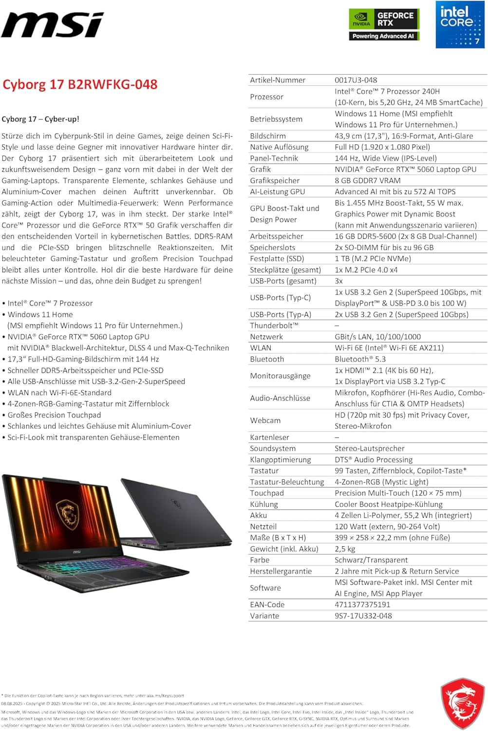 MSI Cyborg 17, Gaming-Laptop, 17,3" Full-Hd 144 Hz Display, Intel Core 7 240H, NVIDIA Geforce RTX 5060, 16 GB DDR5, 1 TB SSD, Windows 11 Home, Inkl. 1 Monat Gamepass, B2RWFKG-048