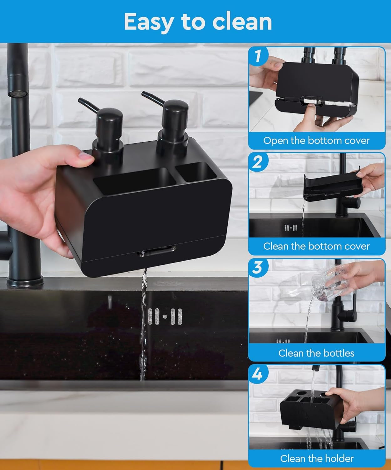 Küchenhandseifen- Und Spülseifenspender-Set, Doppelseifenspender Mit Schwammablage Und Bürstenhalter, 4-In-1-Organizer Für Küchenspüle, Arbeitsplatte, Nützliche Küchenhelfer, Schwarz