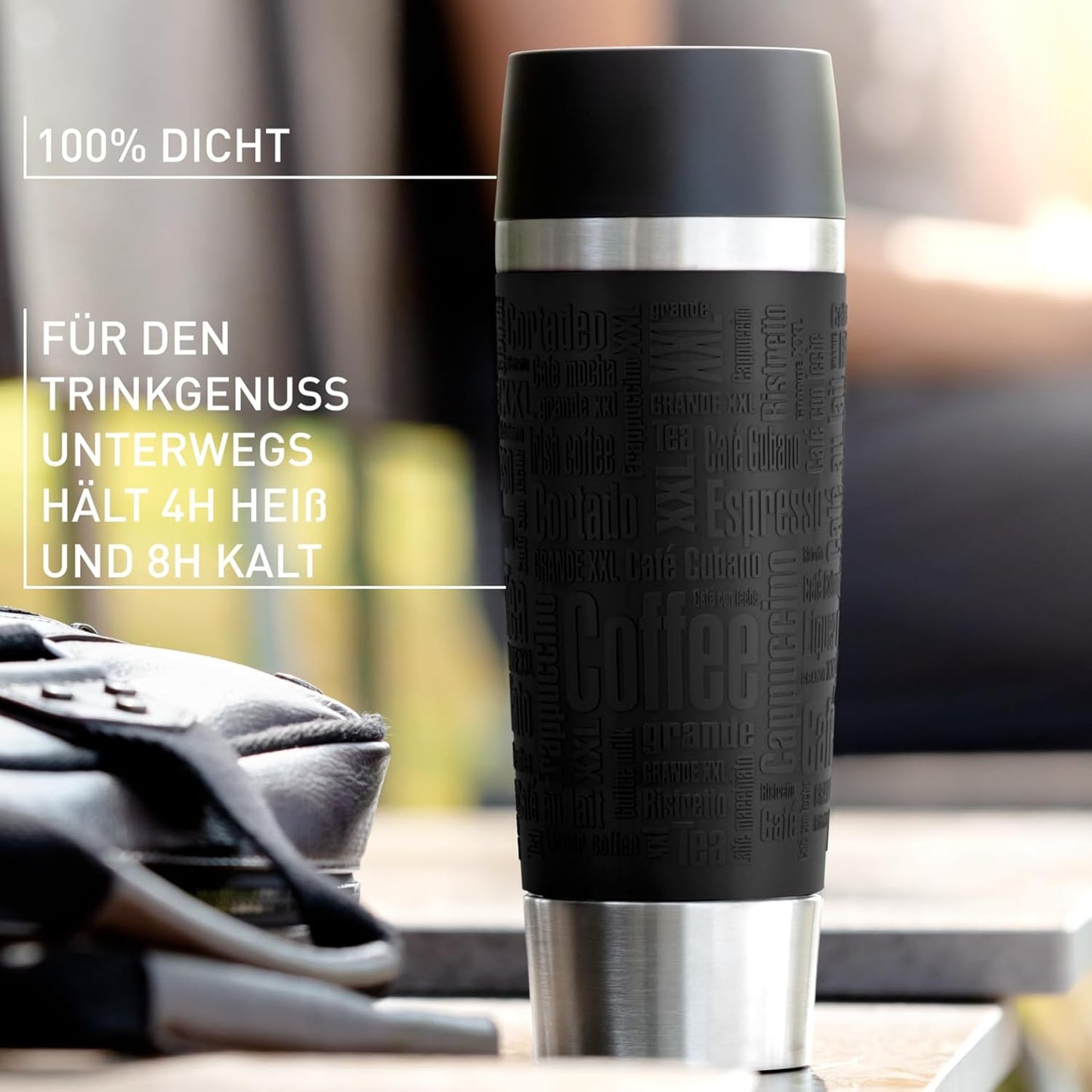 Emsa Travel Mug Classic Thermobecher, 360 Ml, Isolierbecher Hält 4H Heiß, 8H Kalt, 100 Prozent Dicht, Auslaufsicher, Quick-Press-Verschluss, 360 Grad-Trinköffnung, Kaffeebecher to Go, Schwarz, 513361