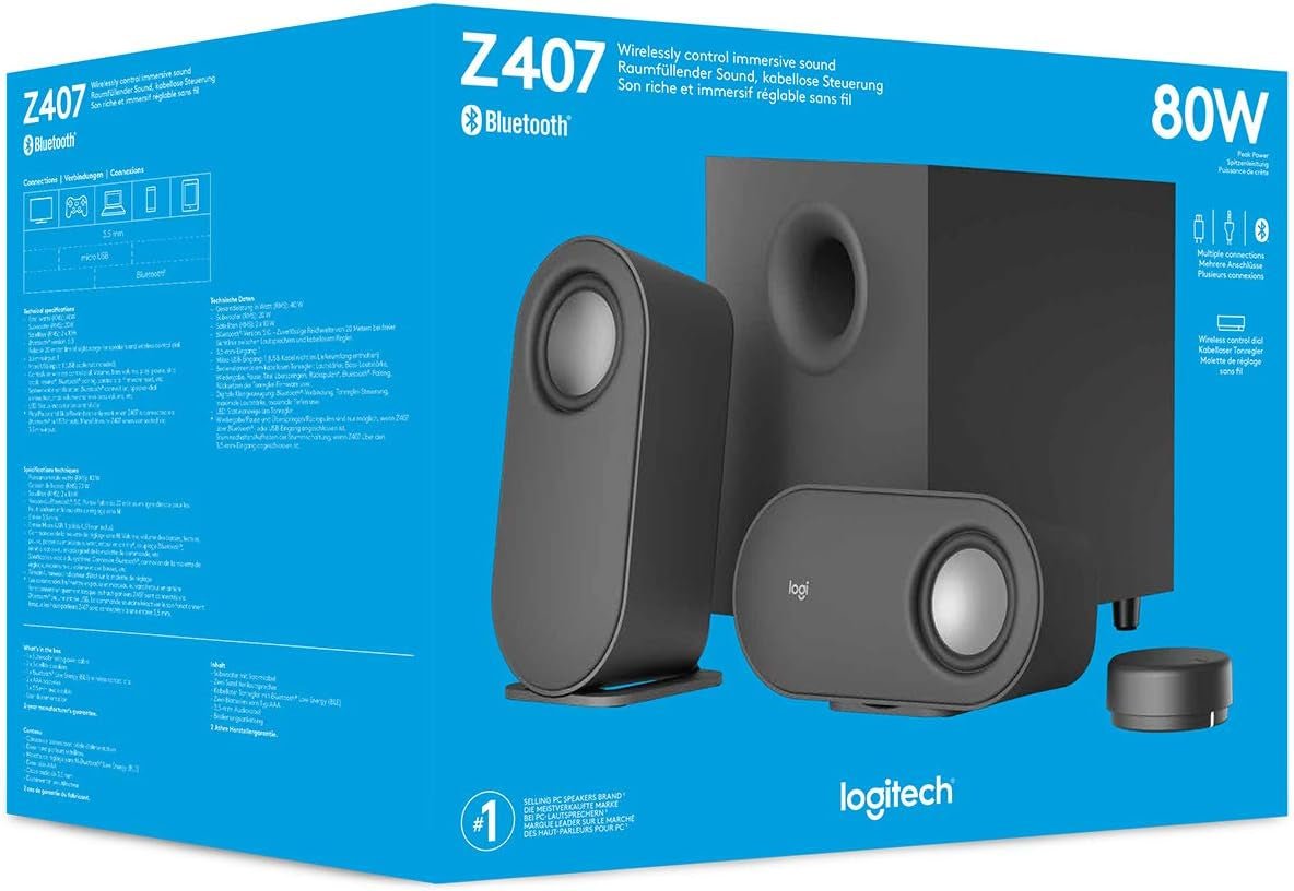 Logitech Z407 Bluetooth-Computerlautsprecher Mit Subwoofer Und Kabelloser Steuerung, Raumfüllendem Sound, Premium-Audio Mit Mehreren Eingängen, Usb-Lautsprechern - Graphit