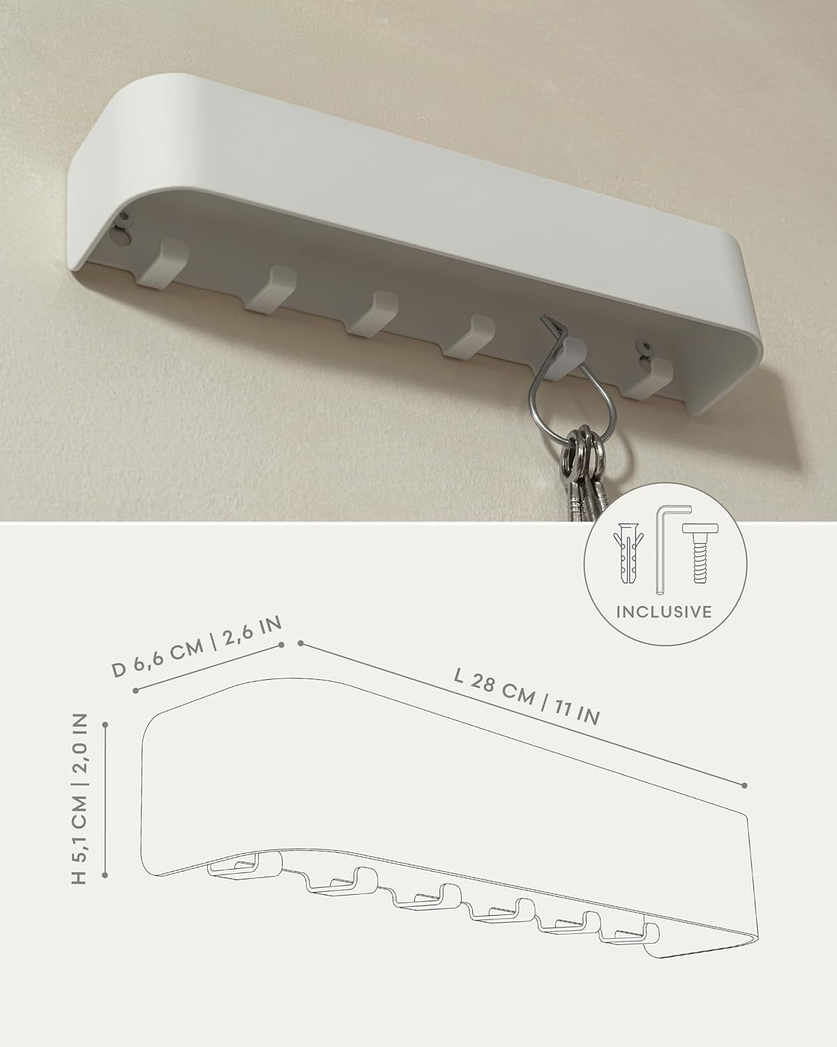 Kazai. Schlüsselbrett 'Tone' | Minimalistisches Schlüsselhaken-Design Aus Berlin | Moderner Schlüsselhalter Mit Ablage Aus Metall | Schlüsselboard Als Flur Möbel Für Die Wand | Weiß