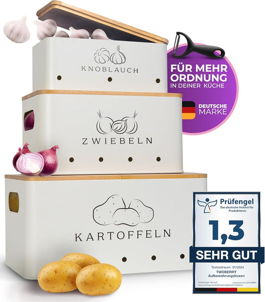 Kartoffel Aufbewahrungsbox (3Er Set) Inkl. Sparschäler- Längere Haltbarkeit Durch Luftzirkulation - Ideale Zwiebel Aufbewahrung Kartoffel Aufbewahrung & Knoblauch Eckig (Weiß)