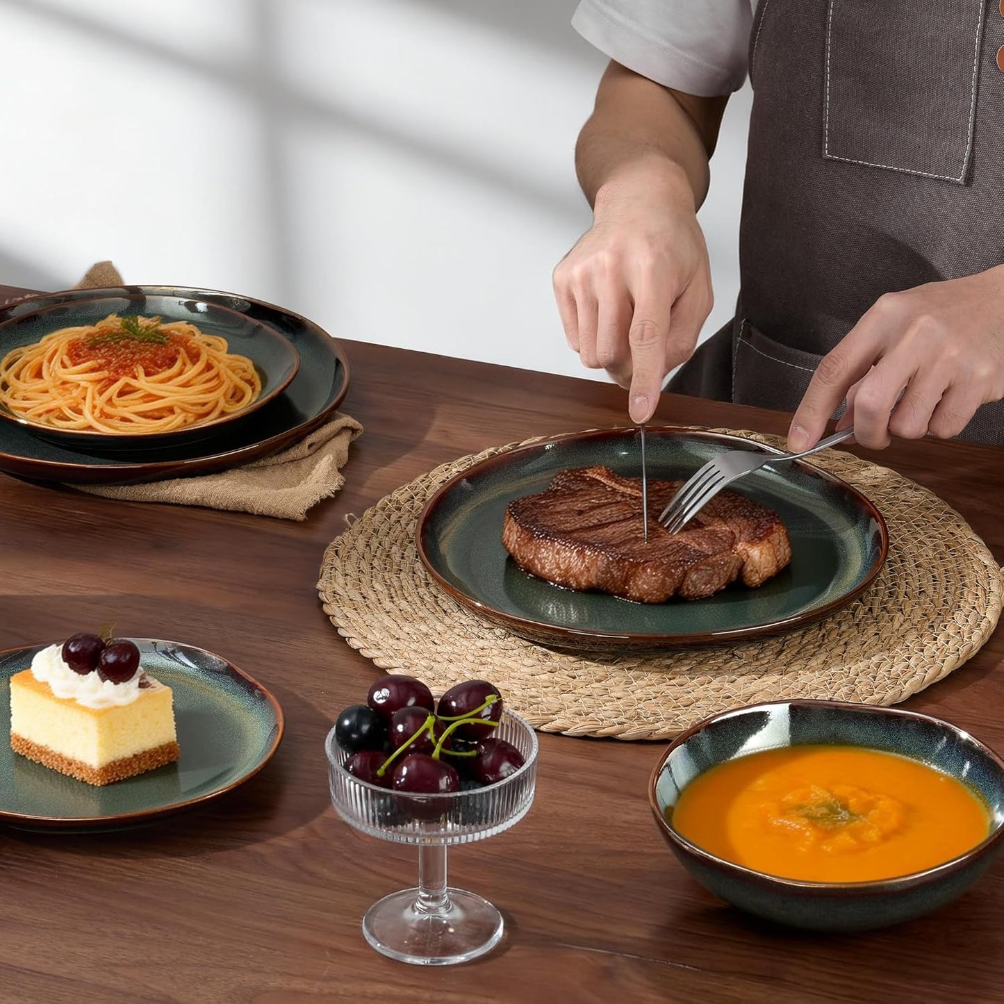 Geschirrset 6 Personen, 24-Tlg Steinzeug Tafelservice Set, Unregelmäßig Rund Geschirr Set Mit Speiseteller, Dessertteller, Müslischalen, Mikrowellen- & Spülmaschinenfest, Reaktives Tundra Grün