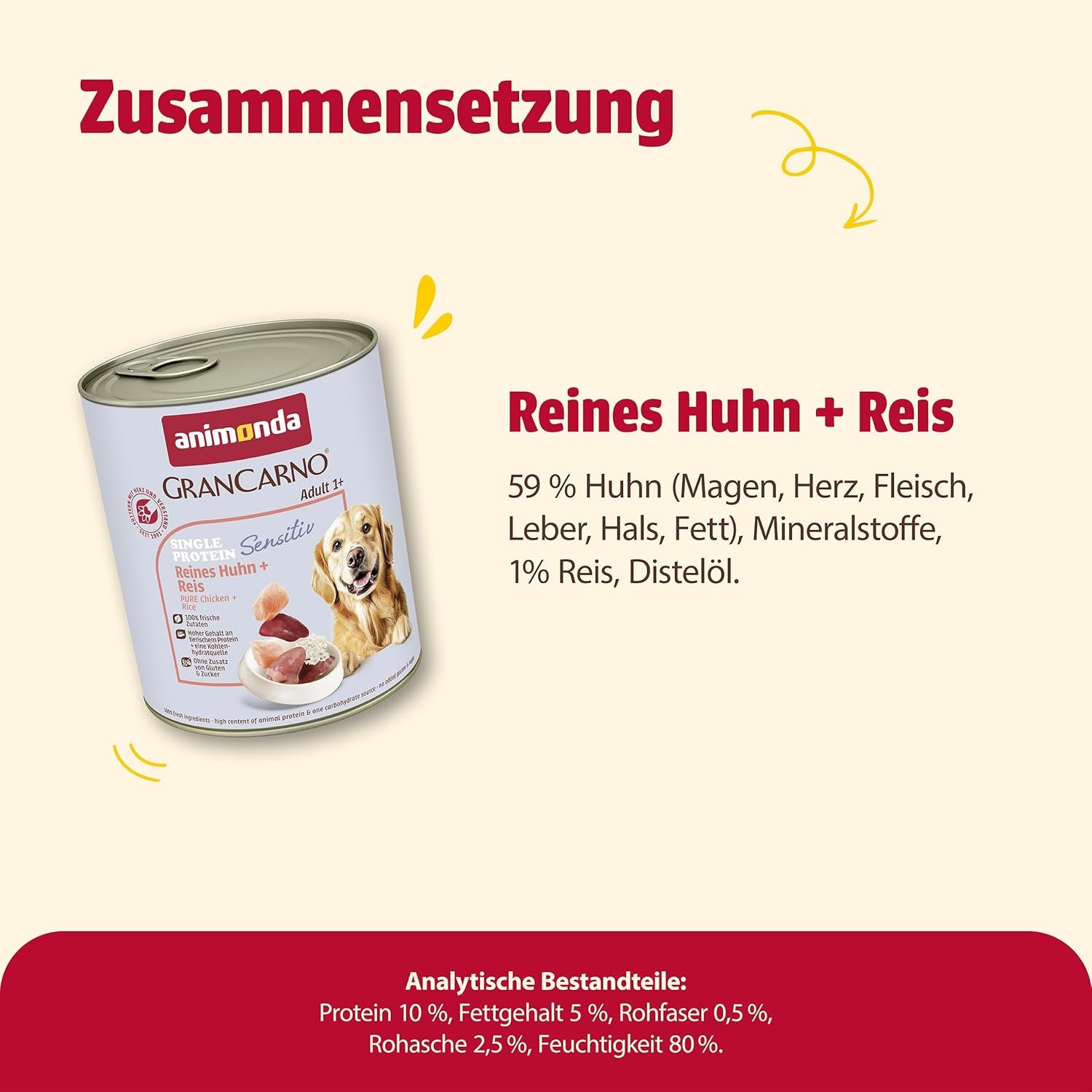 Animonda Grancarno Hunde Nassfutter Sensitiv Reines Huhn + Reis (6 X 800G), Getreidefreies Hundenassfutter Ohne Zucker, Für Ausgewachsene Hunde, Mit Frischen Fleischigen Zutaten