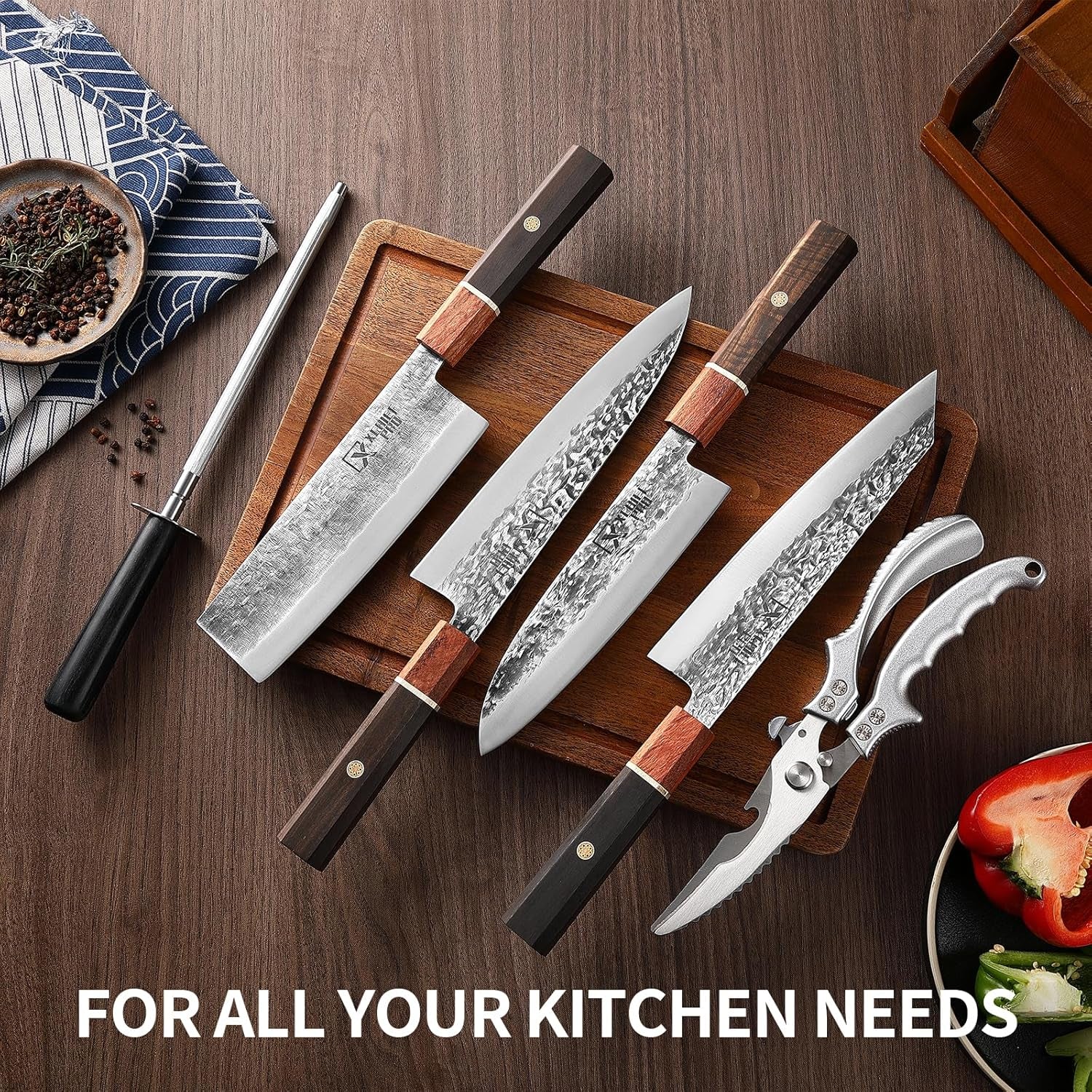 Japan Messer-Set, Hochkohlenstoffstahl Japan Nakiri Santoku Messer, Handgeschmiedetes Fleisch-Hackmesser Mit Zubehör Für Die Küche, Camping Und BBQ, Messer-Set Mit Tragetasche