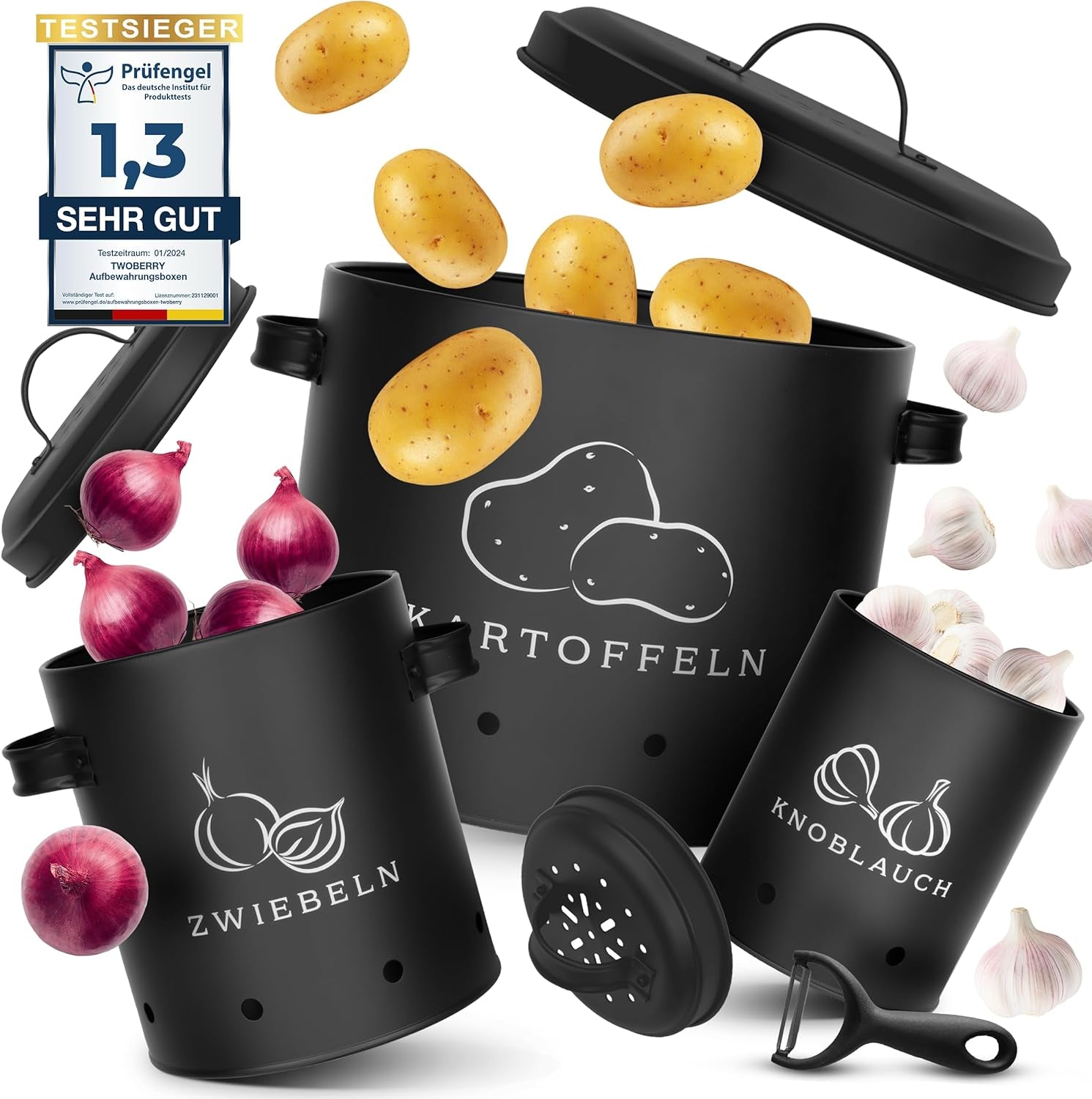 Kartoffel Aufbewahrungsbox [3Er Set] Inkl. Sparschäler- Längere Haltbarkeit Durch 360° Luftzirkulation - Zwiebel Aufbewahrung, Kartoffel Aufbewahrung & Knoblauch Aufbewahrun Küche
