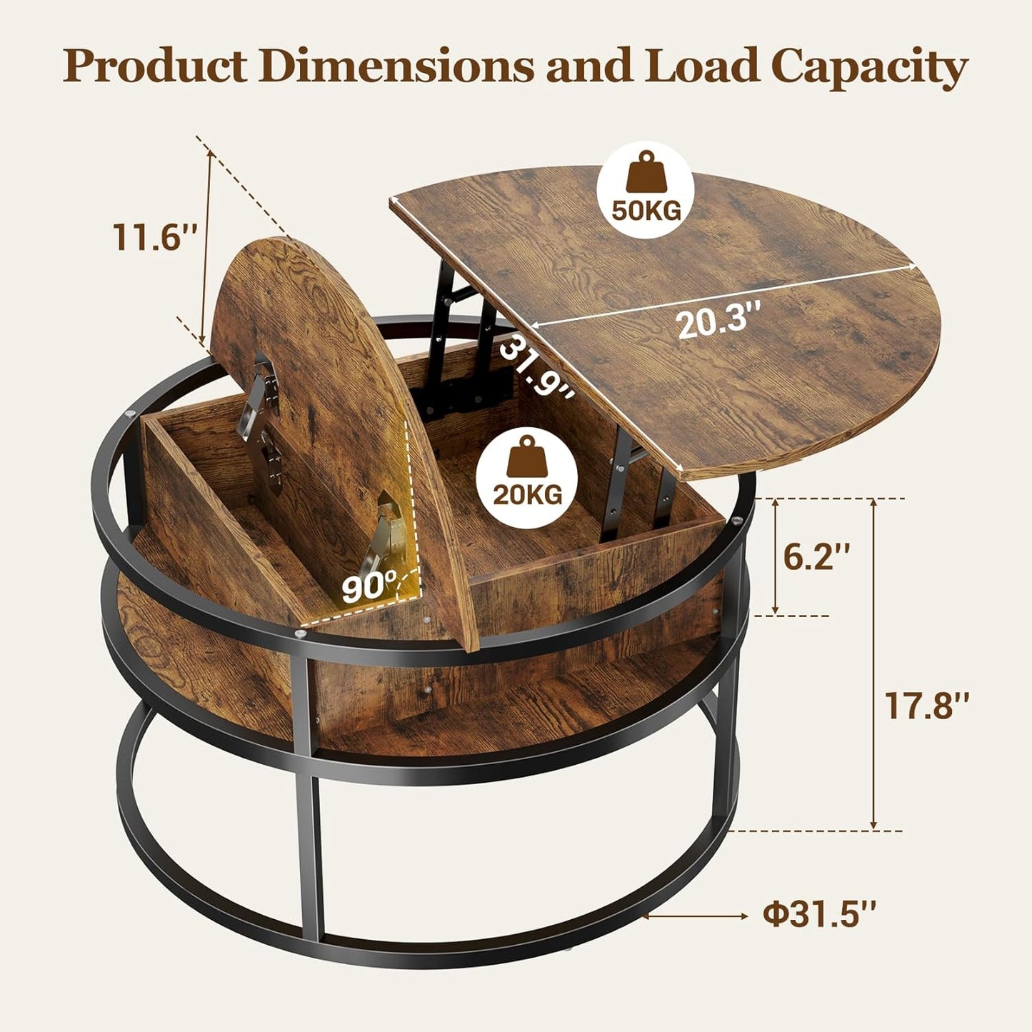 Dripex Couchtisch Rund, 81Cm Durchmesser, Höhenverstellbar Beistelltisch Mit Verstecktem Stauraum, Wohnzimmer Mit Hebeplatte,Couch Tisch,Kaffeetisch, Holz Wohnzimmertisch Für Wohnzimmer, Büro