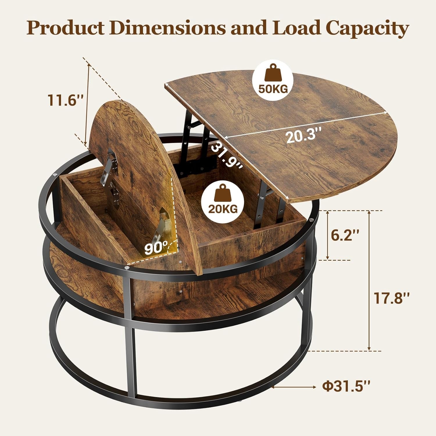 Dripex Couchtisch Rund, 81Cm Durchmesser, Höhenverstellbar Beistelltisch Mit Verstecktem Stauraum, Wohnzimmer Mit Hebeplatte,Couch Tisch,Kaffeetisch, Holz Wohnzimmertisch Für Wohnzimmer, Büro