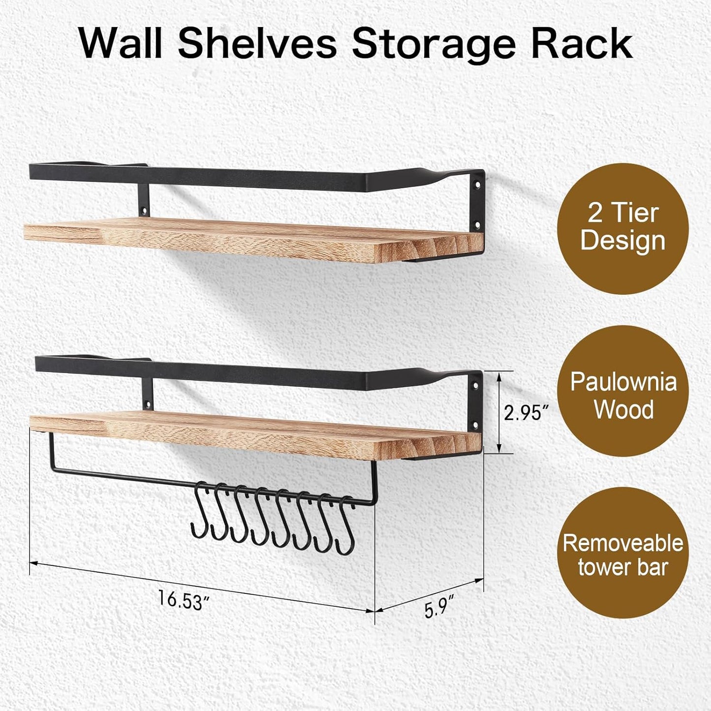 Uten Wandregal Holz, Schweberegal Rustikal Mit Handtuchhalter 2Er Set Hellbraun Für Schlafzimmer, Wohnzimmer, Badezimmer, Küche, Büro