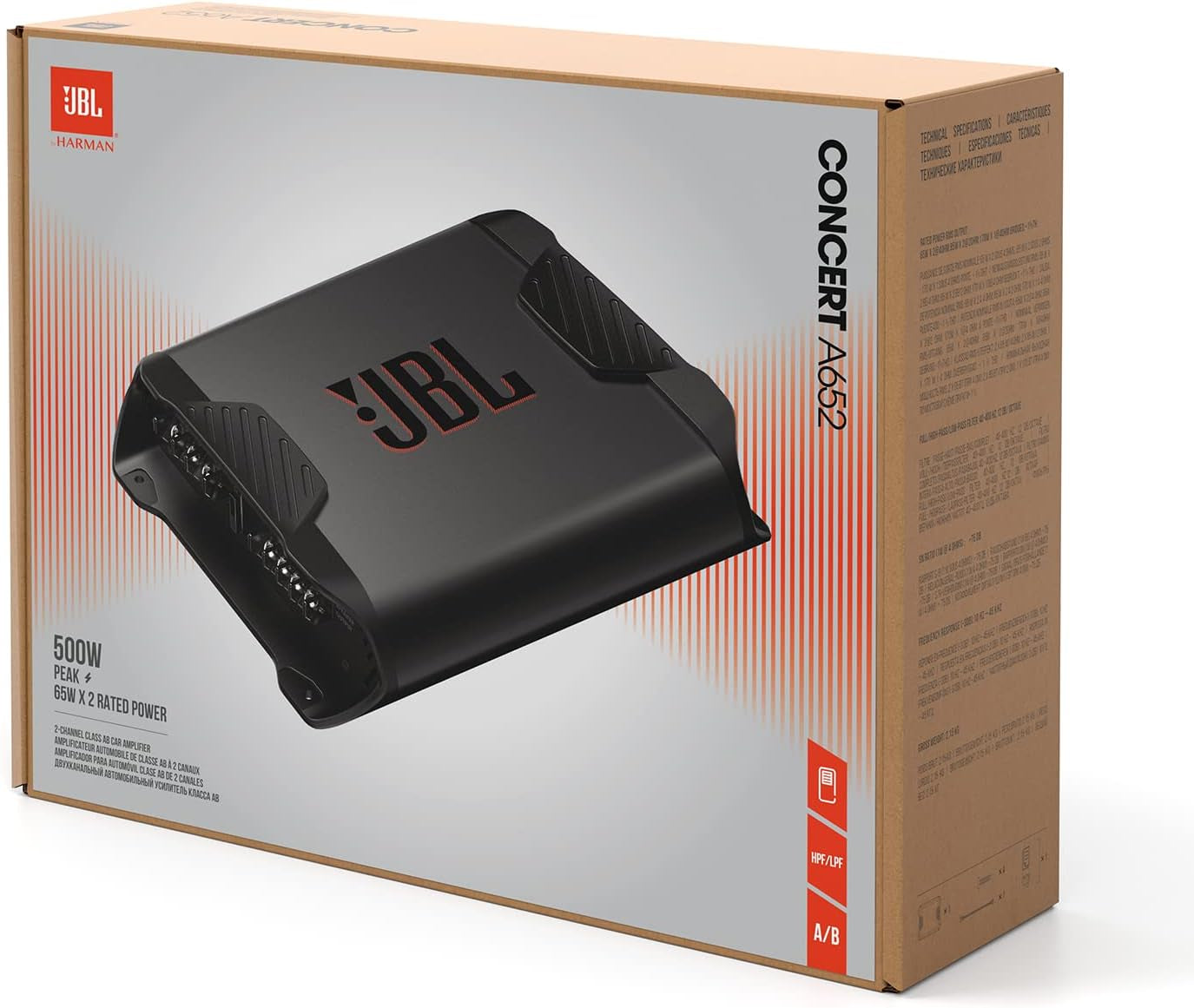 JBL Concert A652 2-Kanal Class-Ab Auto-Verstärker, 2×65 W RMS @ 4 Ω, 2×85 W RMS @ 2 Ω, 1×170 W RMS Gebrückt @ 4 Ω, 460 W Peak, 20 Hz–20 Khz, Bass Boost, HPF/LPF, High/Low Inputs