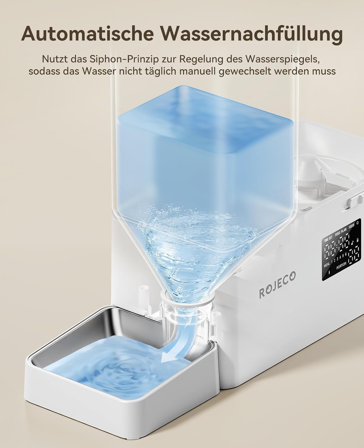Rojeco 2-In-1 Futterautomat Und Wasserspender, 5L Trockenfutter Automat Für Katzen Mit 3.5L Wassertank, Programmierbarer Futterspender Katze Mit Led-Display, Für Kleine Und Mittelgroße Haustiere