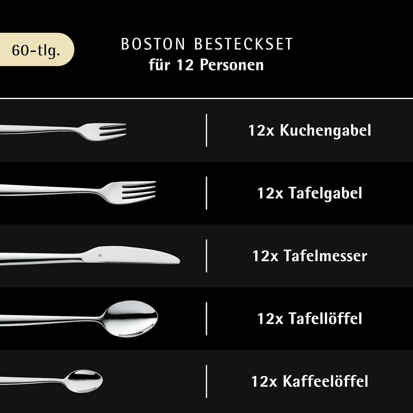 WMF Boston Besteckset 60-Teilig Für 12 Personen – Cromargan Edelstahl 18/10, Poliert Und Rostfrei, Spülmaschinenfest, Monobloc-Messer Mit Langlebiger Schärfe, Elegantes Essbesteck Für Alltag Und Gäste