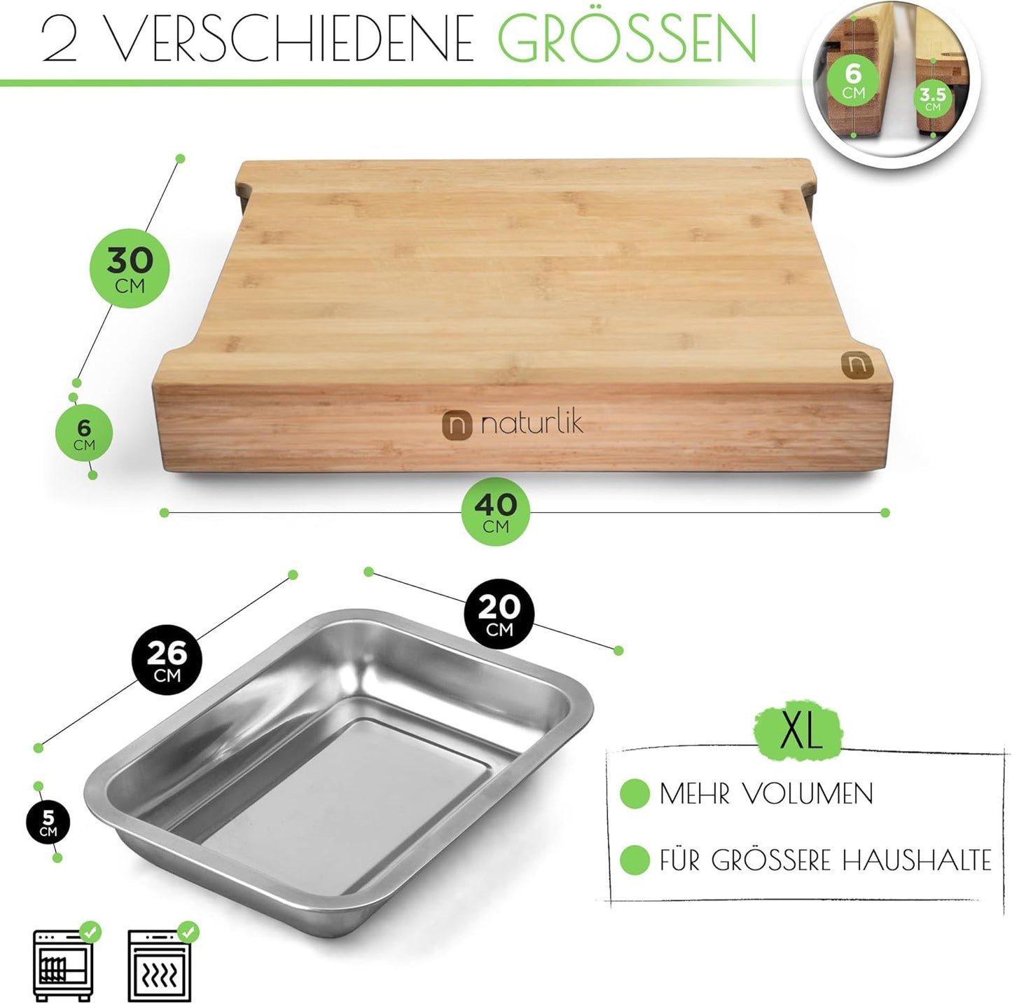 Schneidebrett XL Mit Magnetischen Auffangschalen - Hochwertiger Fsc®-Zertifizierter Bambus - Schneidebrett Mit Auffangschale - Schneidebrett Holz - Holzbrett Küche - Praktische Küchenhilfe