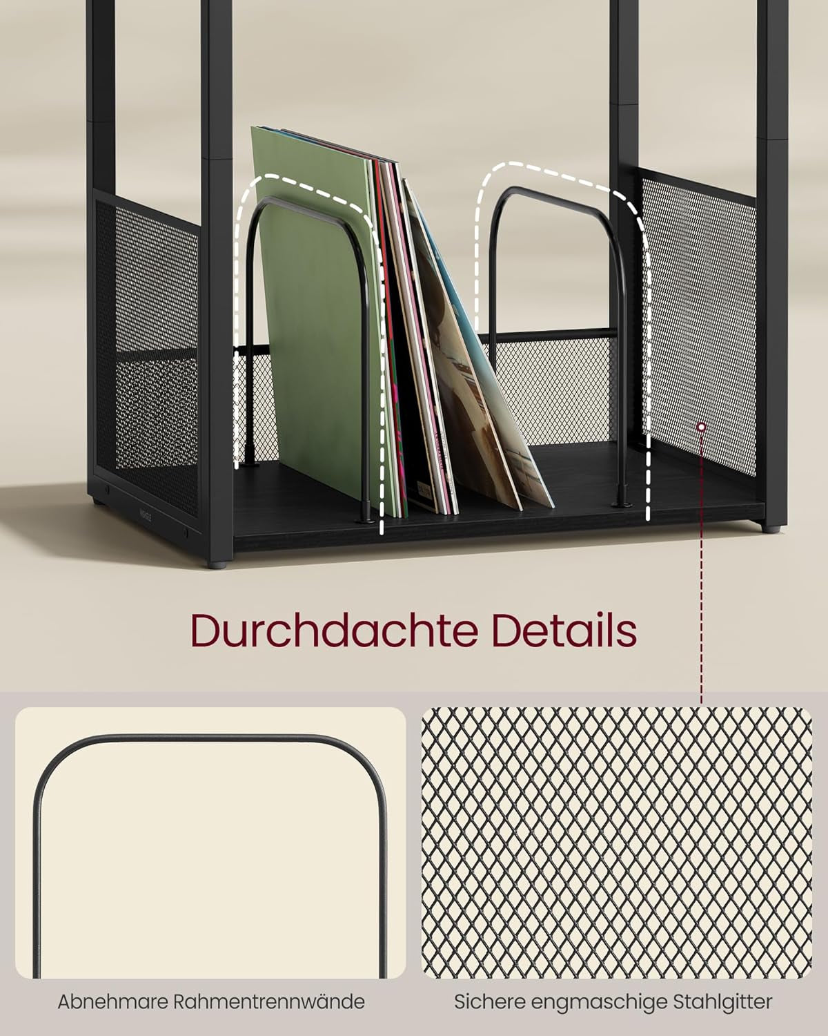 VASAGLE Plattenspieler-Ständer, 3 Etagen, Beistelltisch, Aufbewahrung Von Schallplatten, Bis Zu 100 Alben, Tisch Für Wohnzimmer, Schlafzimmer, Ebenholzschwarz LET275B01