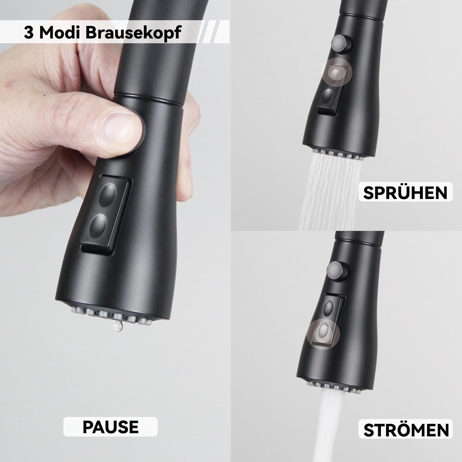 Wasserhahn Küche Schwarz, SEMANEY Hochdruck Küchenarmatur Ausziehbar, 3 Funktionen Einhebel Spültischarmatur Küche, 360° Schwenkbar Armatur Mischbatterie Küche, Edelstahl