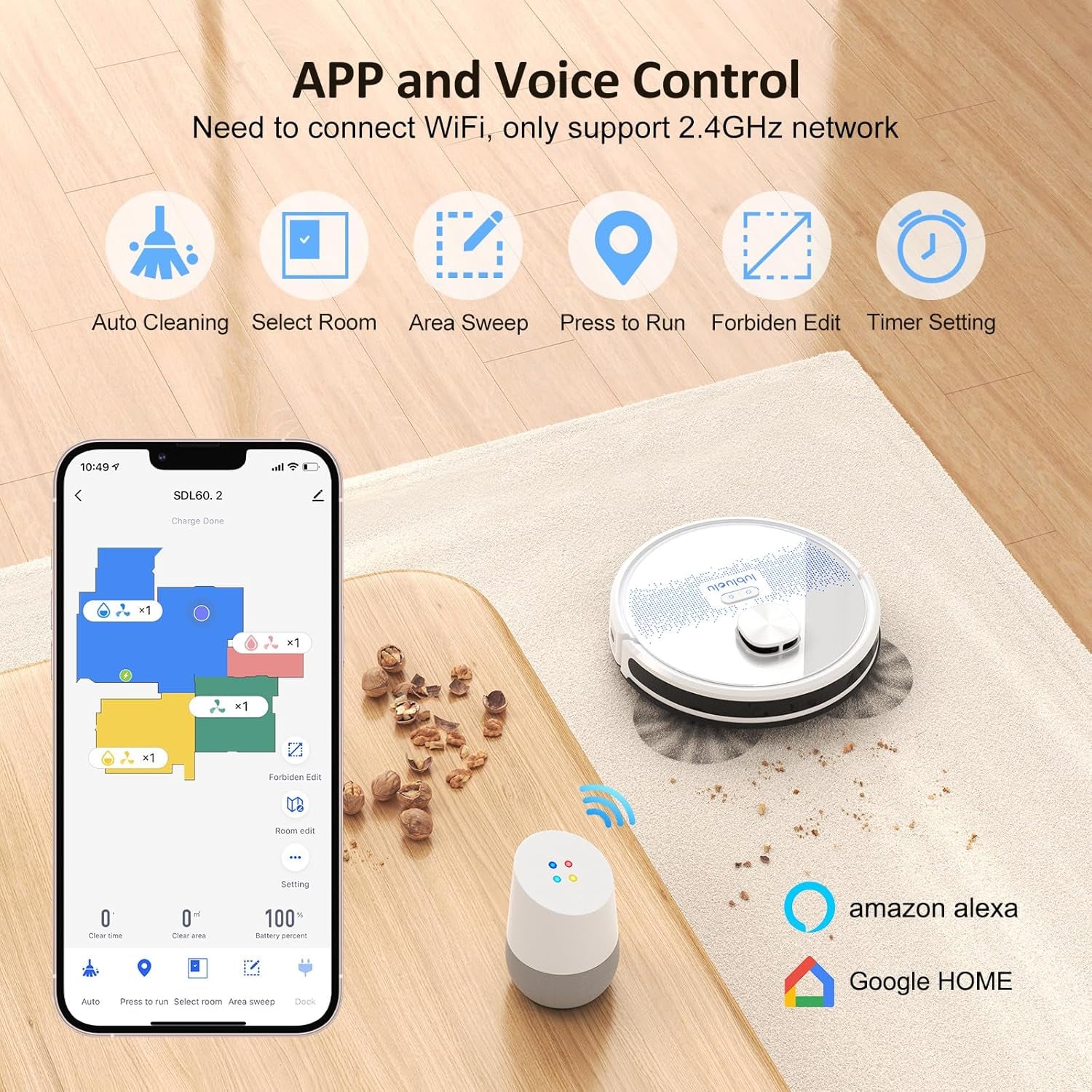 Lubluelu Saugroboter Mit Wischfunktion 3-1, 4500Pa Staubsauger Roboter Lasernavigation Mit 5 Karten, 55 Db Roboterstaubsauger Mit APP Steuerung, Ideal Für Tierhaare, Teppiche, Hartböden, Weiß (SL60D)