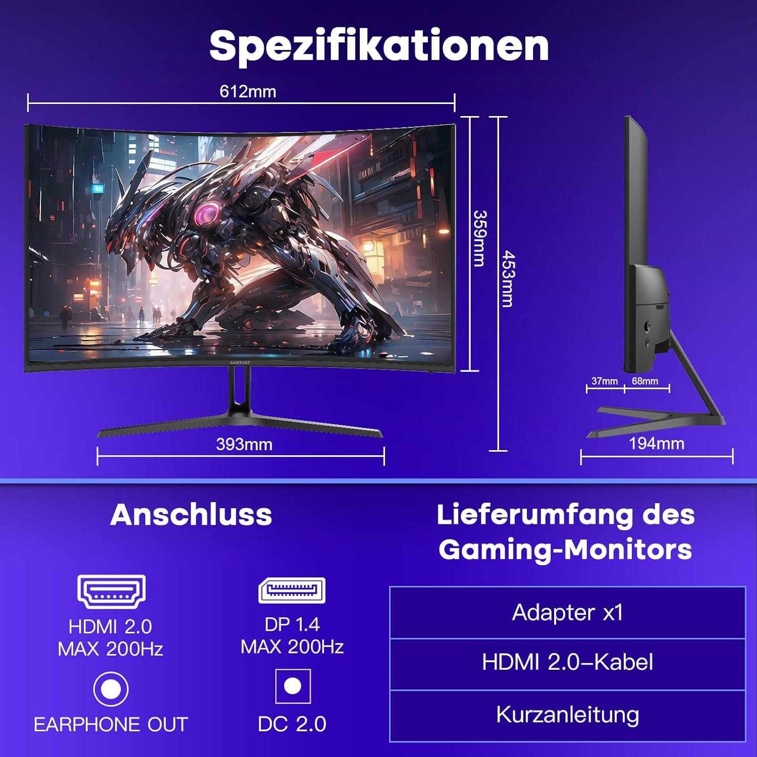 Amzfast 27 Zoll Curved Gaming Monitor - 200Hz, 1920X1080 FHD, Fast VA Panel, 1500R, 1Ms Gtg, Srgb 130%, 3000:1 Contrast, HDR, Adapive Sync, Blaulichtfilter, VESA 100 * 100, HDMI2.0&DP1.2 - AMZG27C1