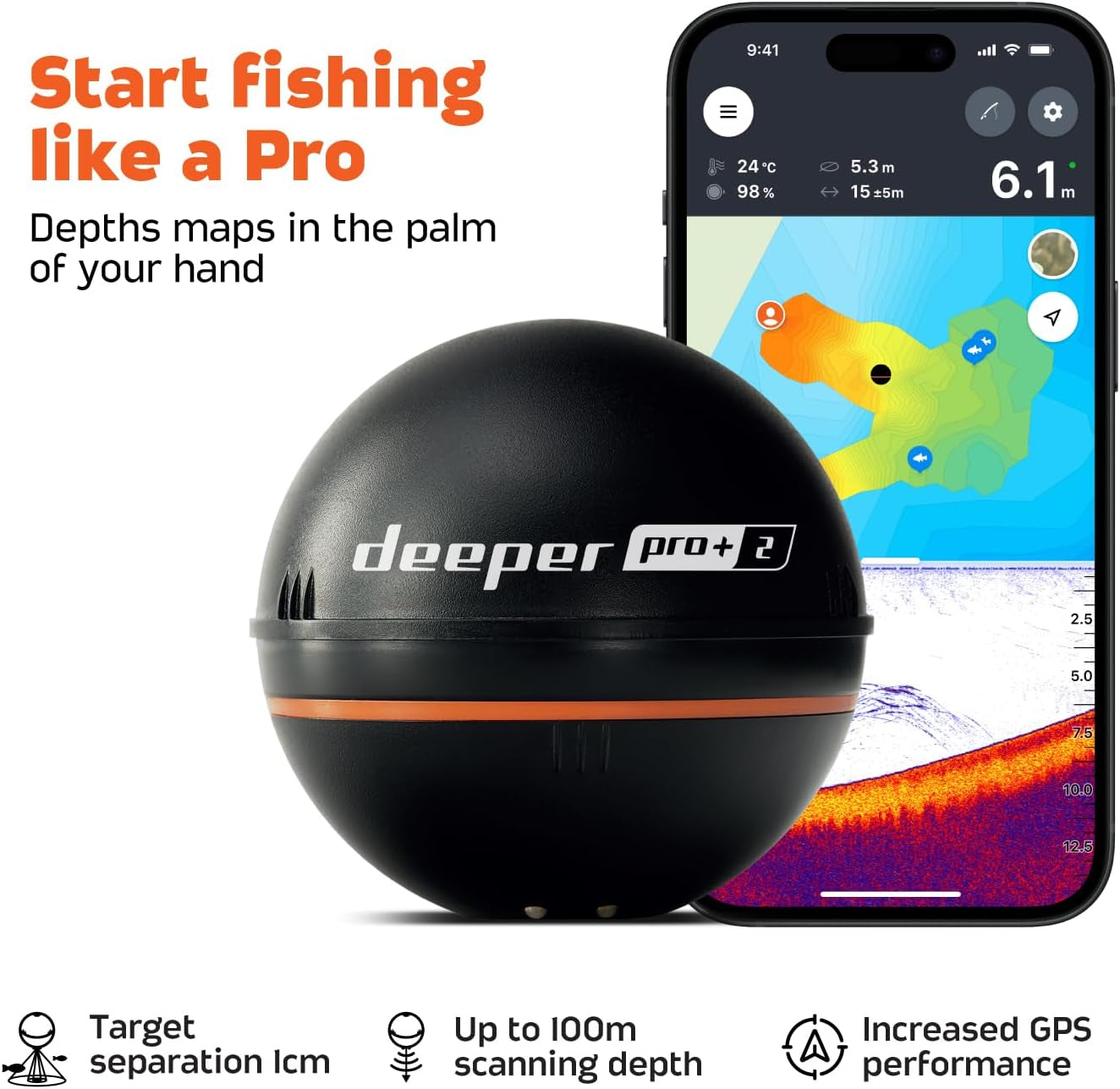 Deeper Smart Sonar Pro+ 2 Fischfinder Echolot – Mit Tiefenmesser Und Gps-Sender | Angeln Im Kajak, Boot Oder Beim Eisangeln | Mit Kostenloser App
