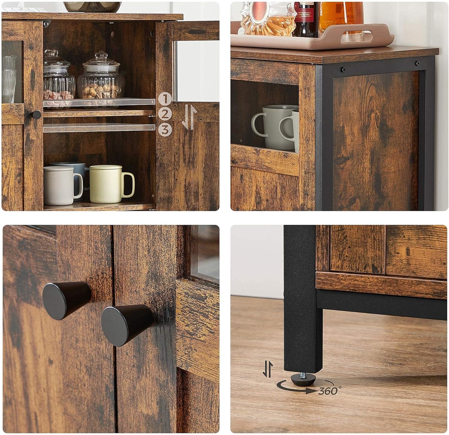 VASAGLE Sideboard, Küchenschrank, Aufbewahrungsschrank, Mit Glastüren, Für Wohnzimmer, Küche, Esszimmer, Stahlrahmen, Industriestil, Vintagebraun-Tintenschwarz LSC099B01