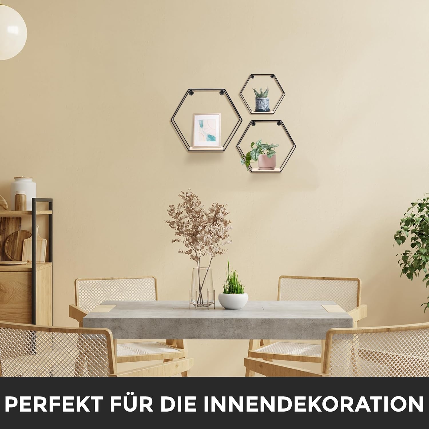 3Er Hexagon Wandregal Set, Schwarze Metall Schweberegale Mit Holzablage, Modernes Wabenregal Für Wohnzimmer, Schlafzimmer, Küche & Büro, Stabiles Stahlrahmen Regal Mit Schrauben & Montagezubehör