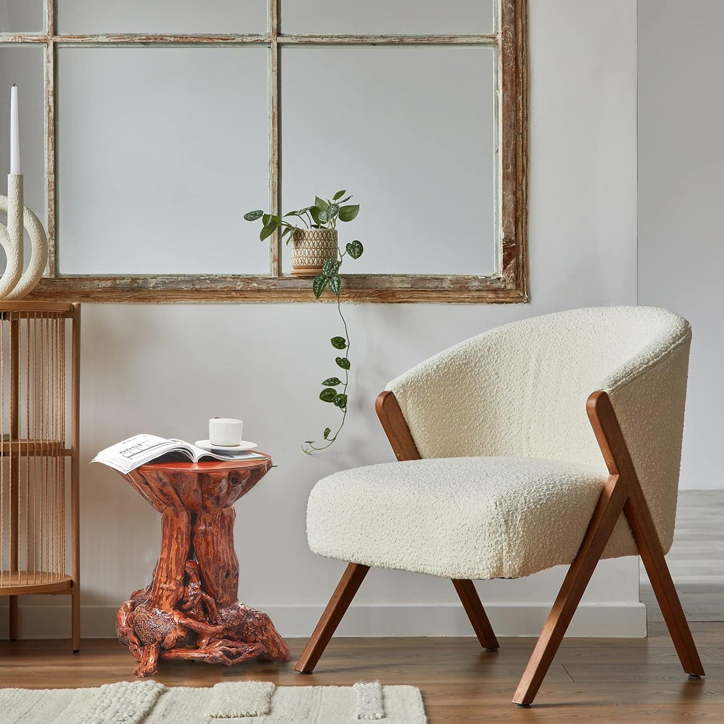 Beistelltisch Mit Azalee Und Baumstumpf, Rustikaler Beistelltisch Aus Holz Mit Wurzelholz,Reclaimed Primitive Baumstamm-Eck-Akzent-Tisch,Runder Natürlicher Couchtisch,Blockhütte Heimdekoration Möbel