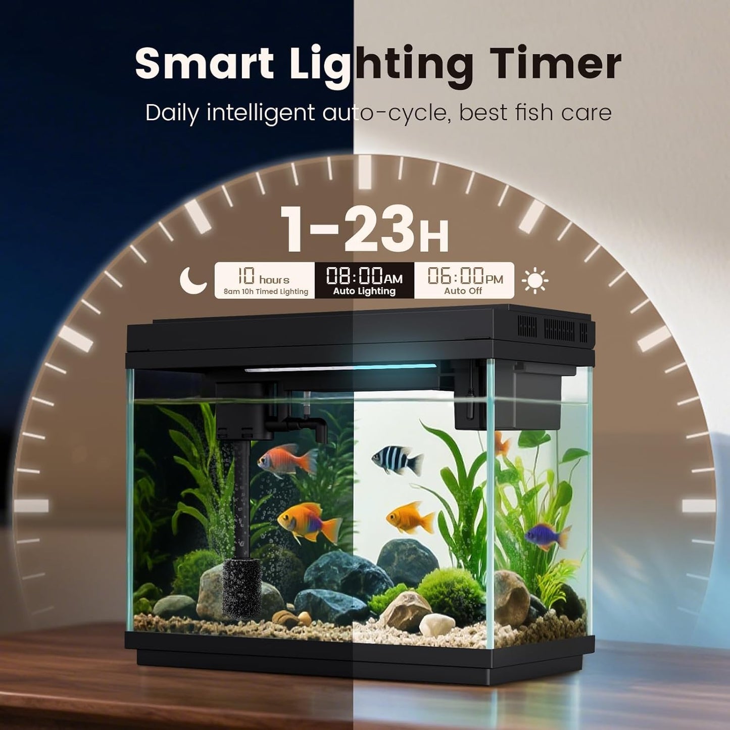 Fishkeeper Nano Aquarium Komplettset, 9L Mini Aquarium Starterset Mit LED, 4-In-1 Smart-Aquarien Selbstreinigende Pumpe & Filter, Klein Aquarien Set Komplett Mit Aromatherapie, Temperaturanzeig, Timer