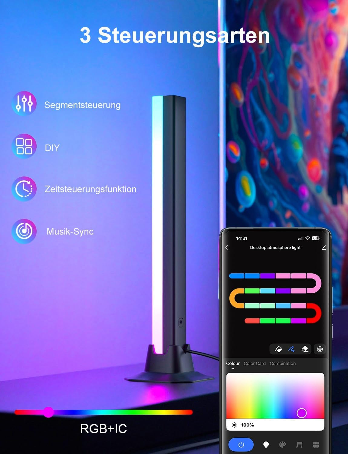 RGB Lightbar Funktioniert Mit Alexa, Gaming Lampe, Fernseher Beleuchtung per App Und Fernbedienung, Musik Sync, Timer, Ambiente Lampe Für Schreibtisch Monitor Zimmer Feiertage