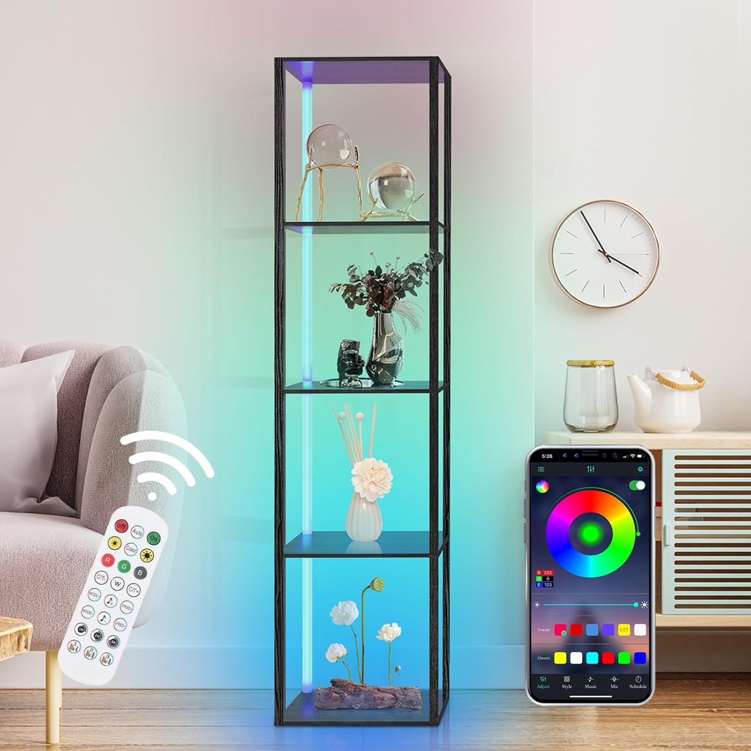 XIIW Bücherregal Mit Led-Beleuchtung, 5 Stufige Stehleuchte Mit Regal, Stehlampe Wohnzimmer Aus Holz Mit APP Und Fernbedienung, Standleuchte Eckregal Für Wohnzimmer, Schlafzimmer, Arbeitszimmer