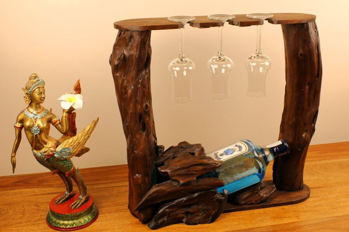 Kinaree Wurzelholz Flaschenhalter - Flaschenständer Für 1 Flasche Und 3 Gläser, Für Wein, Likör Oder Schnäpse - Geschenkidee Für Geburtstag, Weihnachten Oder Hochzeit