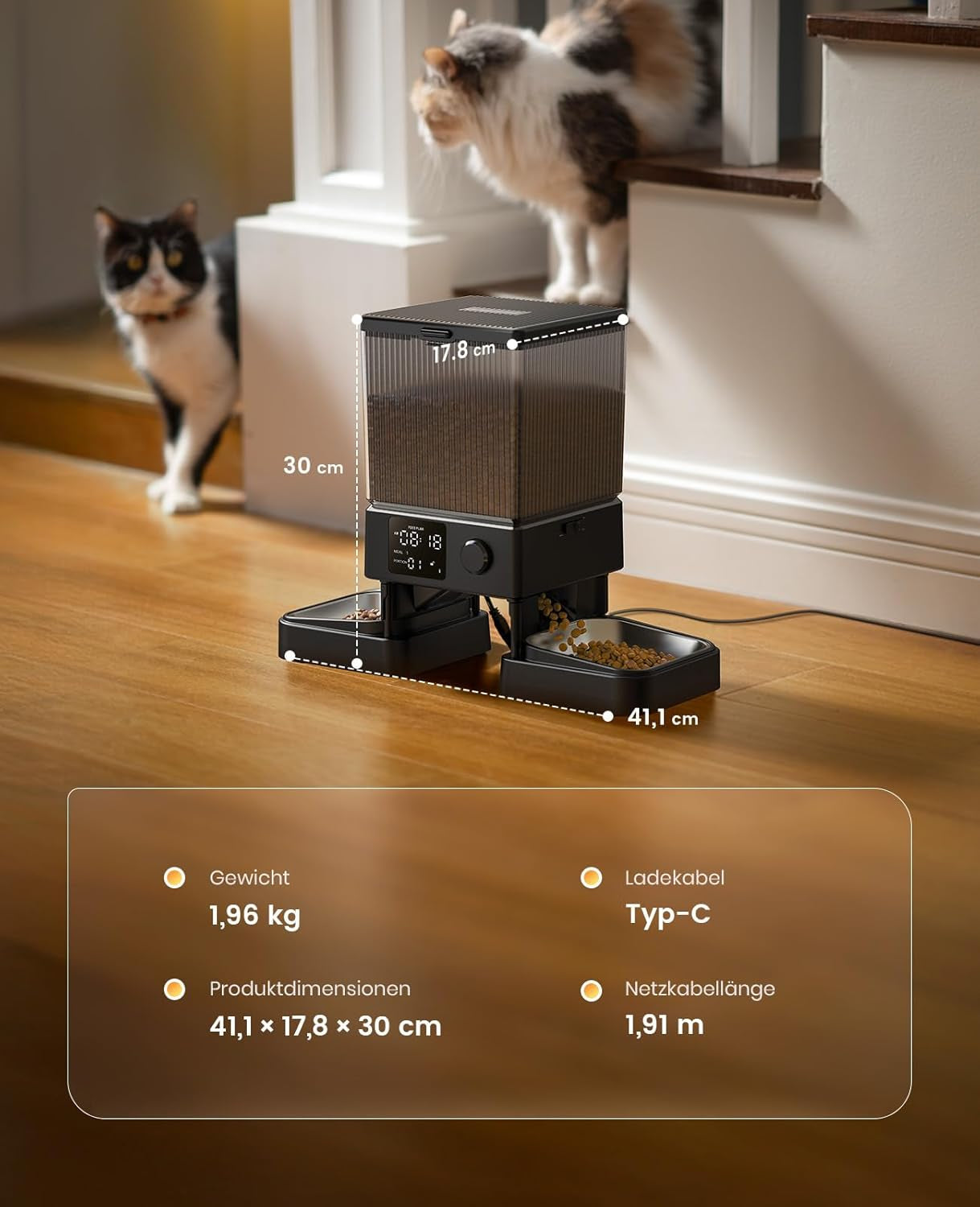 Oneisall 5L Futterautomat Katze 2 Näpfe, Katzenfutter Automat Mit Einem Knopf, Einfache Bedienung, Futterspender Für Katzen/Hunde, Mit Edelstahlschüssel, Voice Recorder, Für Kleine/Mittlere Haustiere